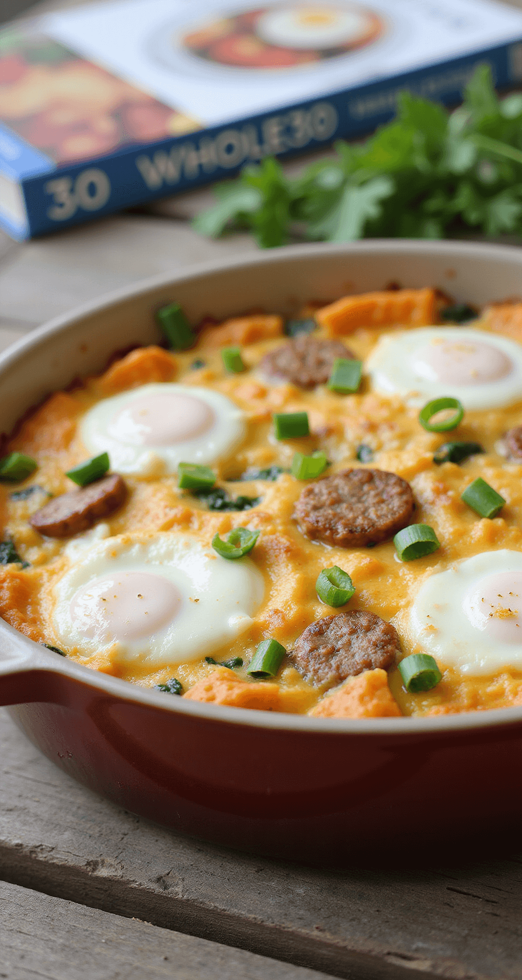 Close-up of a golden-brown breakfast casserole featuring layers of sweet potato, sausage, and spinach, garnished with green onions, resting in a rustic ceramic dish on a wooden table with a Whole30 cookbook and fresh herbs nearby.