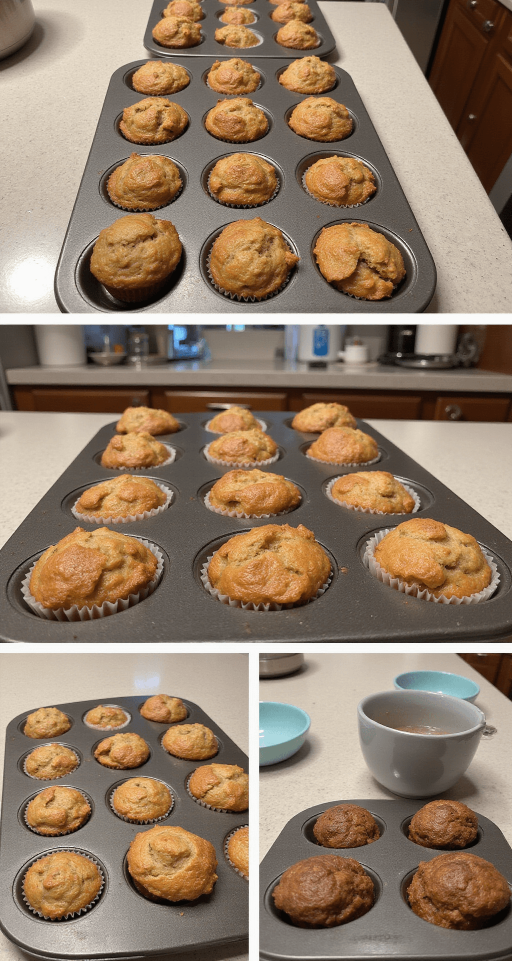 A kitchen counter with ingredients and utensils for baking muffins in the morning light.
