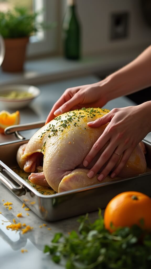 Close-up of hands massaging herb-flecked butter under turkey skin, with herbs and orange zest on the countertop in warm kitchen lighting.