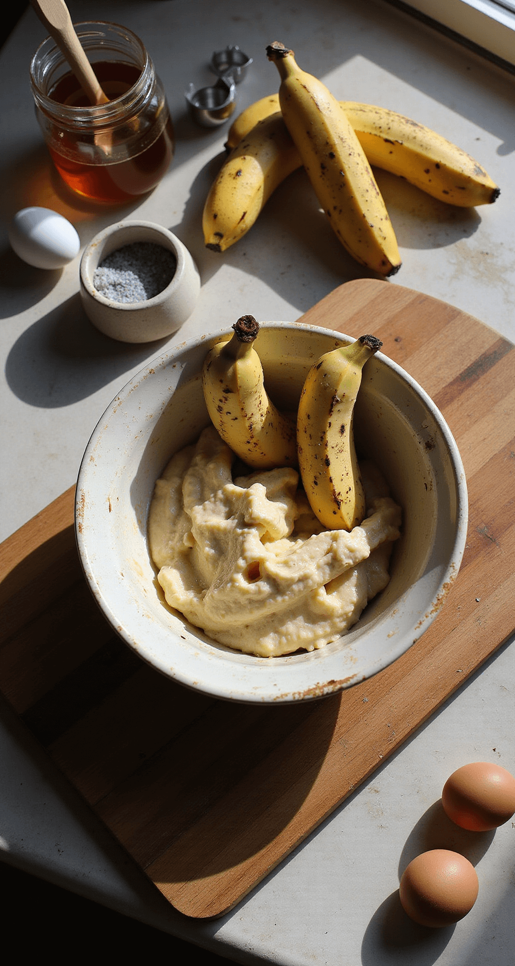 Overhead view of a rustic wooden cutting board with three overripe bananas being mashed in a vintage bowl, illuminated by natural sunlight, accompanied by a honey jar, measuring cups, and fresh eggs.
