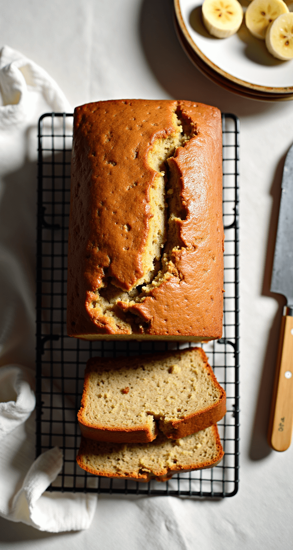 A freshly baked loaf of golden-brown banana bread on a wire cooling rack, topped with banana slices and walnuts, surrounded by warm afternoon light with a vintage knife and a slice on a small plate nearby.