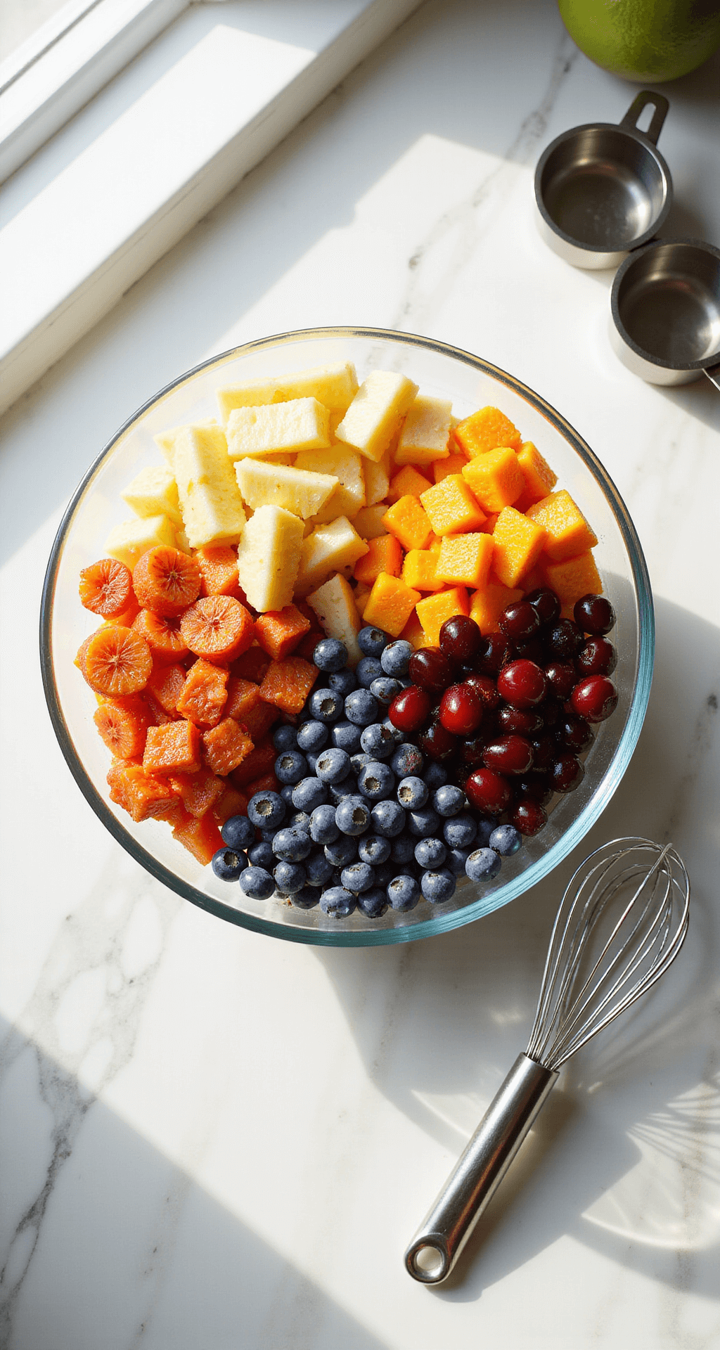 Overhead shot of a white marble countertop with an arrangement of fresh fruits including pineapple chunks, mandarin oranges, maraschino cherries, and blueberries surrounding a glass mixing bowl, with measuring cups and a whisk nearby, illuminated by natural sunlight.