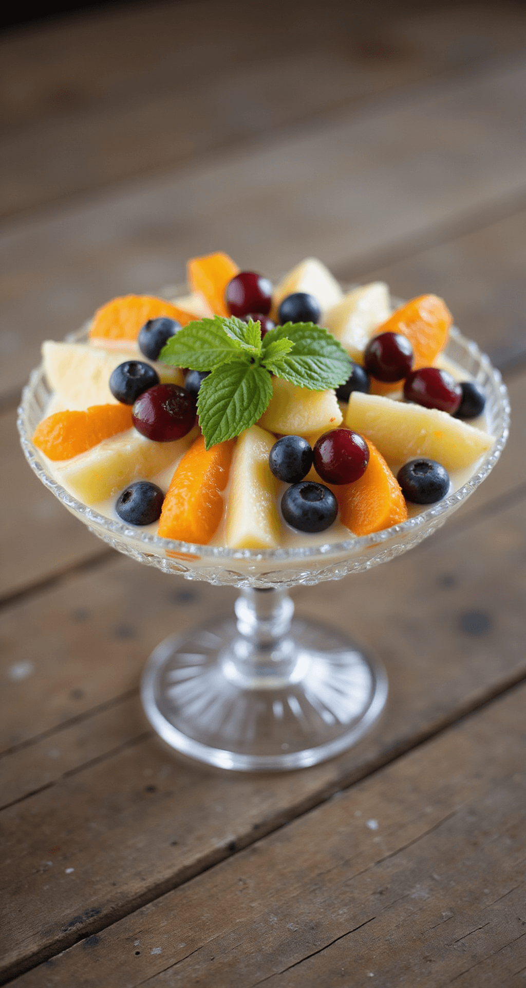 Close-up of an elegant crystal serving bowl filled with glossy fruit salad featuring pineapple, mandarins, blueberries, and cherries, all coated in vanilla pudding and garnished with mint, set on a rustic wooden table with soft lighting.