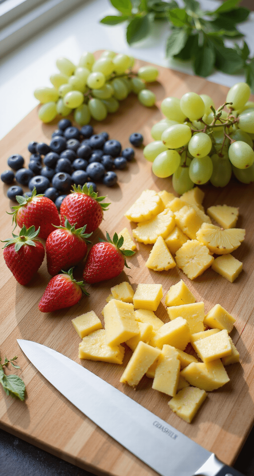 A sunlit kitchen countertop featuring a wooden cutting board with fresh fruits including strawberries, blueberries, green grapes, and pineapple chunks, alongside a chef's knife, illuminated by morning light, with mint leaves artfully scattered in the background.