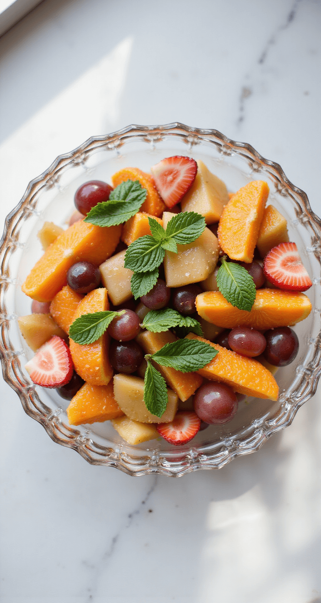 Overhead view of a glass bowl filled with colorful fruit salad, featuring orange segments, pink strawberries, and purple grapes, topped with fresh mint leaves and drizzled in citrus dressing on a marble countertop.