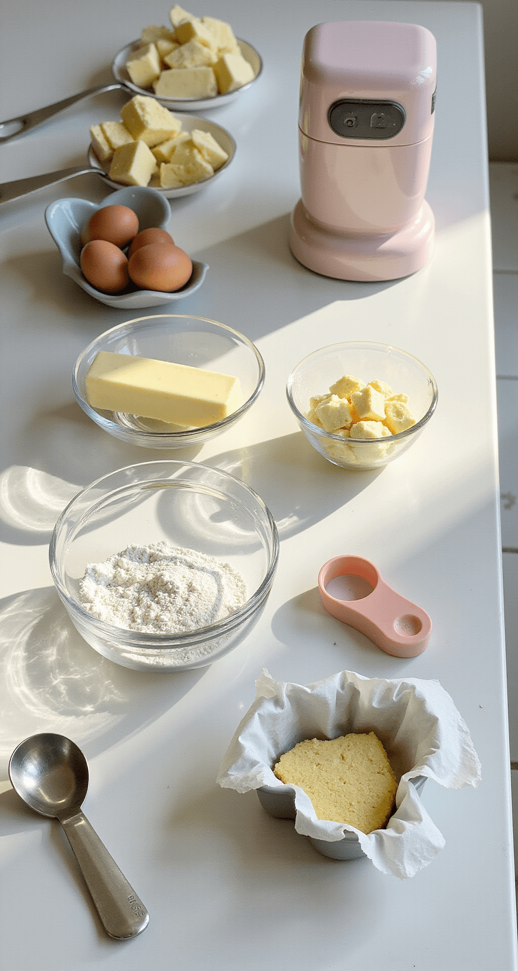 A sunlit kitchen counter displaying precisely measured ingredients for a bento cake, including softened butter, caster sugar, fresh eggs, and flour in glass bowls, with a heart-shaped cake pan lined with parchment paper and a pastel electric mixer, bathed in natural light.