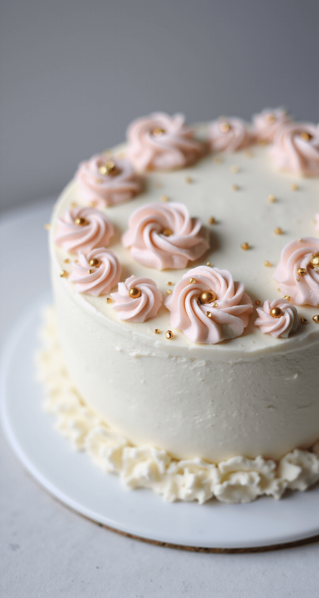 Close-up of a 4-inch round mini bento cake with pearl-white buttercream, pink rosettes, and golden pearls on a minimalist white ceramic plate, showcasing a precise crumb coat and lacey border, captured at a 45-degree angle with soft studio lighting.