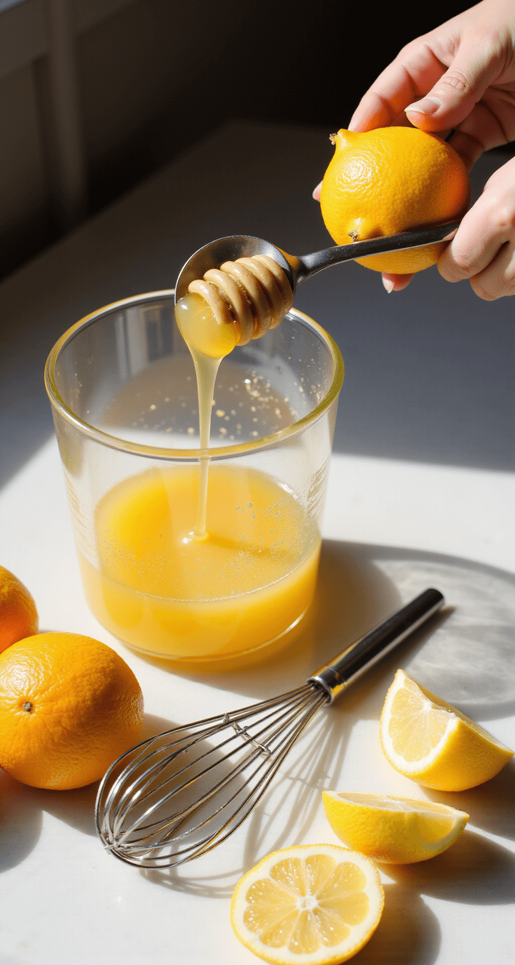 A sunlit kitchen counter features a clear glass bowl filled with fresh-squeezed orange juice, as golden honey drizzles in. Scattered citrus fruits and a silver whisk complement the scene, while a fresh lemon is being zested, creating aromatic curls that float in the air.
