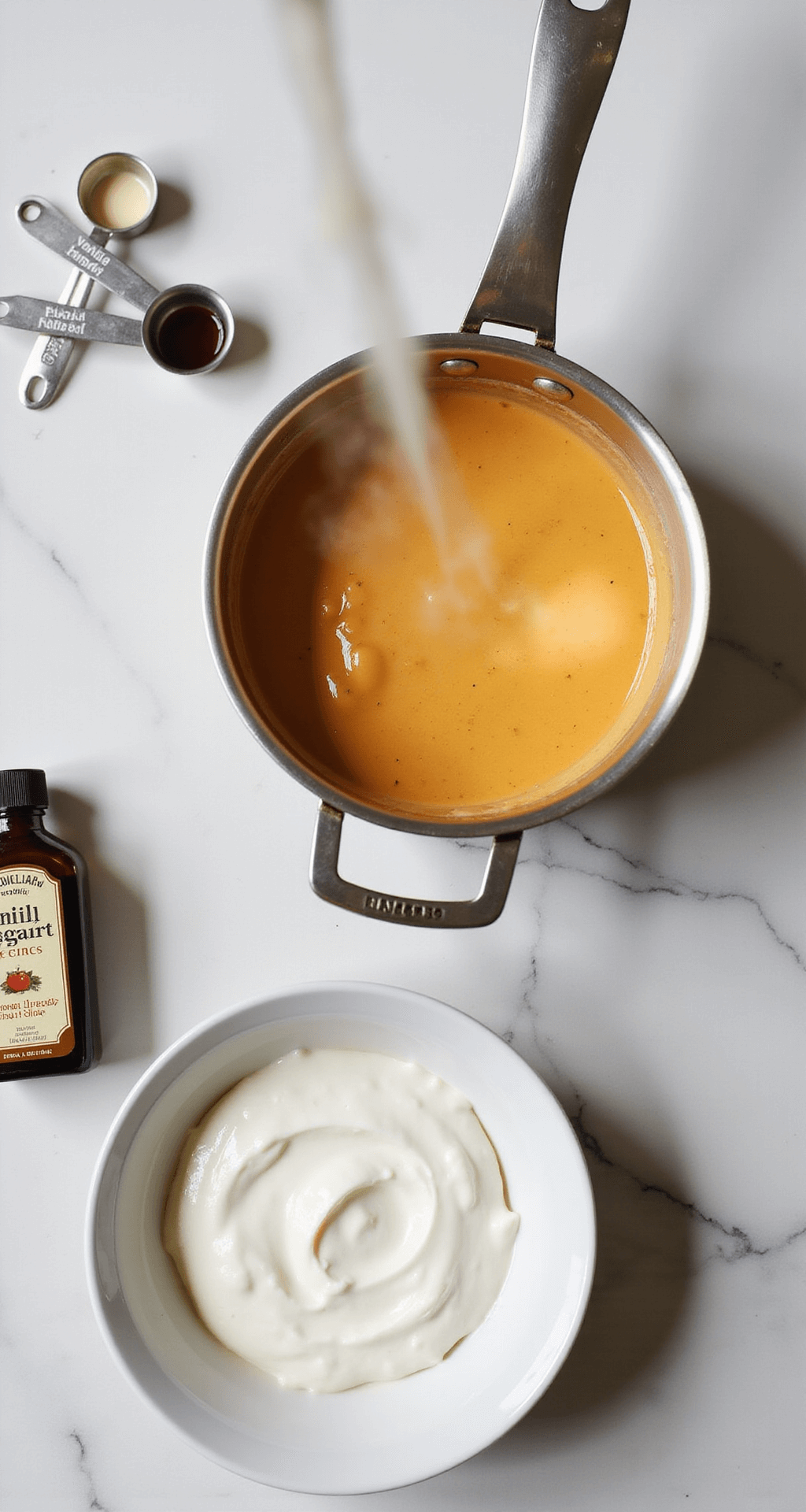 A professional kitchen scene showcasing a steaming saucepan with a glossy orange mixture, a bowl of white Greek yogurt, a bottle of vanilla extract, and measuring spoons on a marble countertop, all illuminated by soft, diffused lighting.