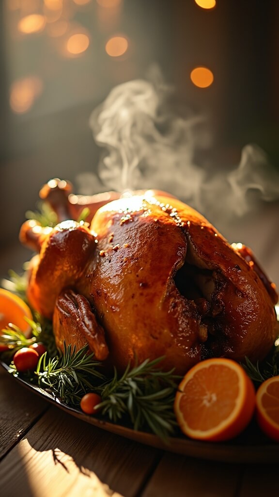 Golden-brown roasted turkey with crispy skin, steam rising, surrounded by herbs and oranges on a wooden table.