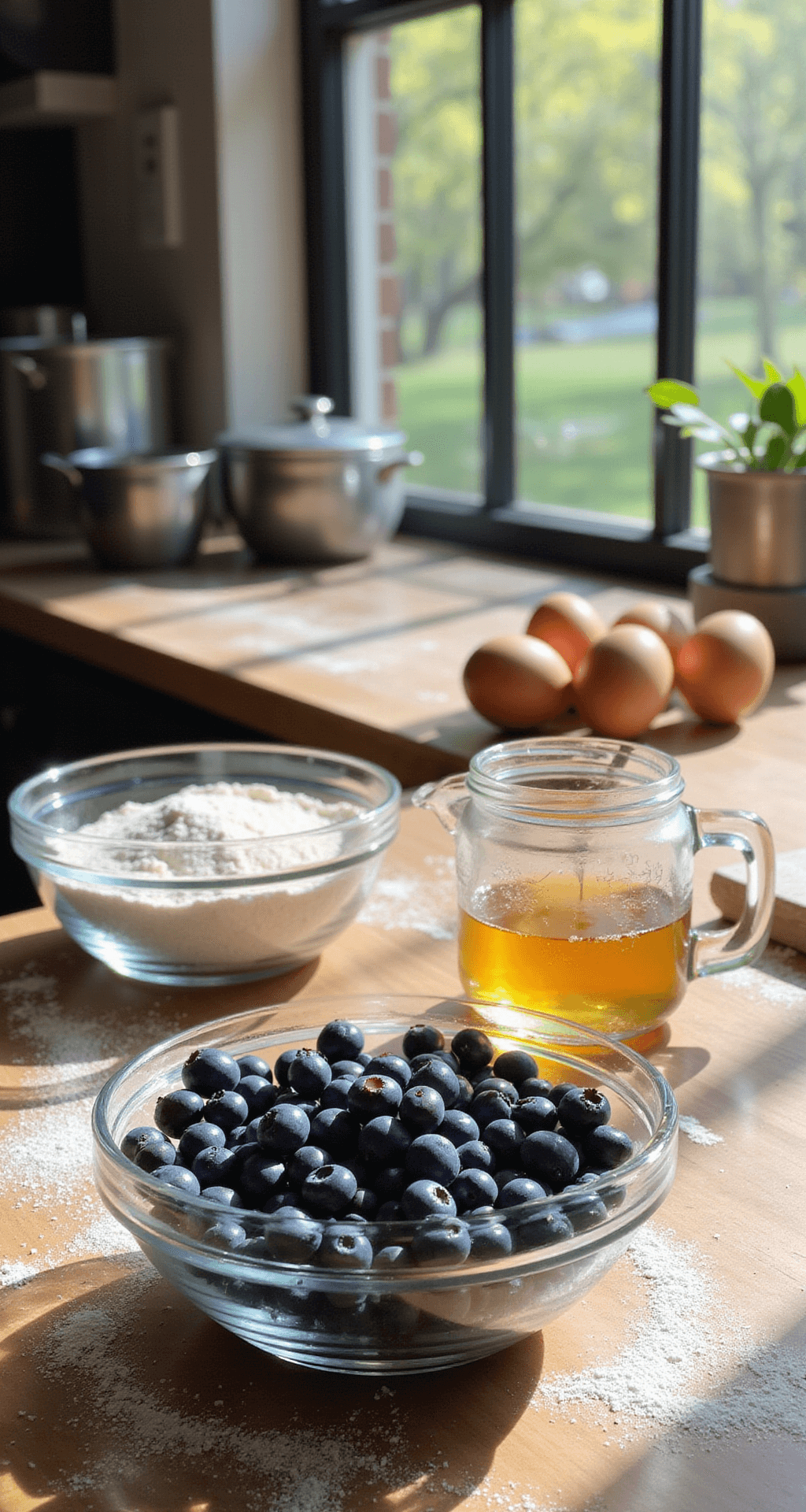 A sunlit modern kitchen counter with ingredients in glass bowls; flour on a wooden surface, eggs, honey, and blueberries, lit by morning light through a window.