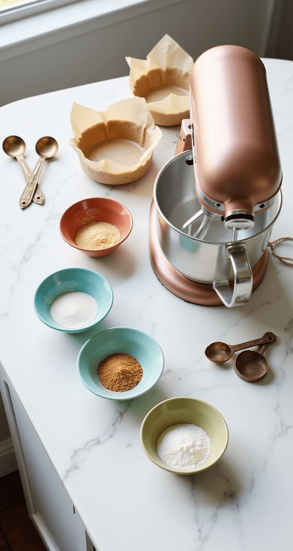 Overhead view of a marble countertop with pastel bowls of ingredients for a mini bento cake, a rose gold mixer, parchment-lined cake pans, and vintage measuring tools in soft natural light.