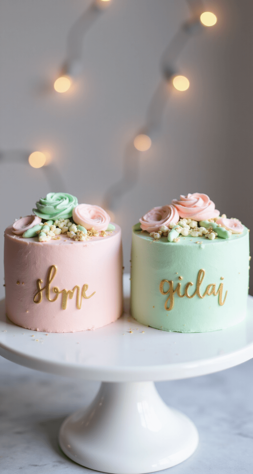 Close-up of two pastel pink and mint green bento cakes on a white ceramic stand, adorned with piped flowers, gold sprinkles, and hand-written messages, against a dreamy bokeh background with fairy lights.