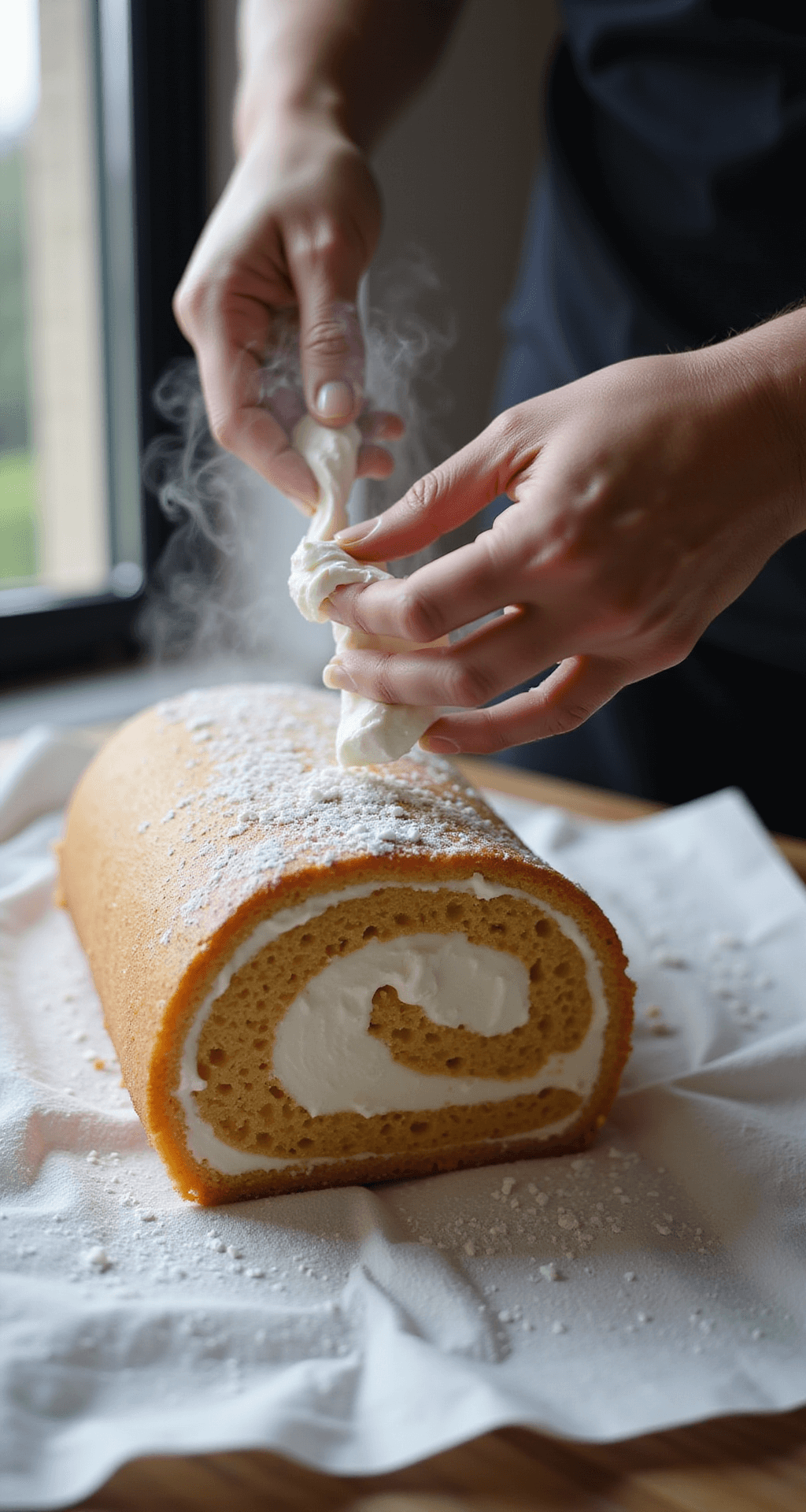 Close-up of hands rolling a golden-brown cake with whipped cream filling on a flour-dusted towel, steam rising and natural light showcasing the texture and powdered sugar dusting.