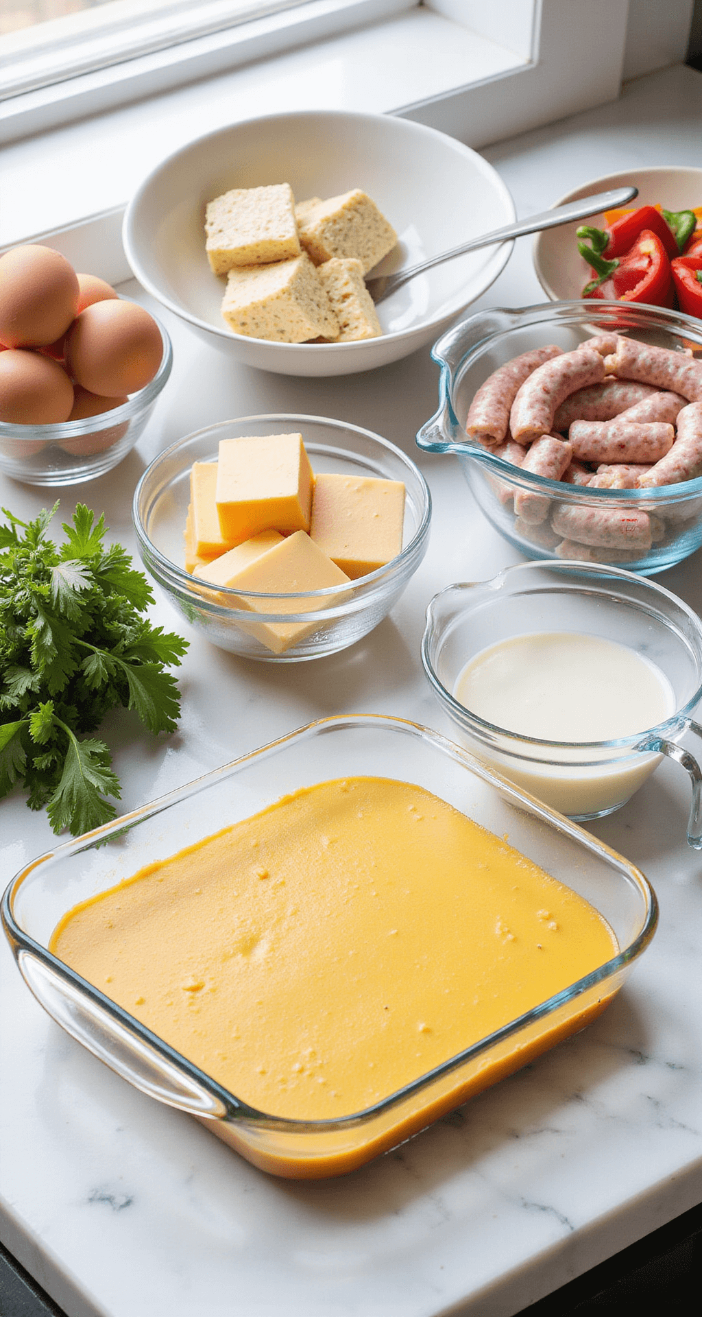 Overhead view of a modern kitchen countertop with ingredients for a breakfast casserole, including farm-fresh eggs, artisanal sausage, cheddar cheese, cream, fresh herbs, and colorful bell peppers, illuminated by natural morning light.