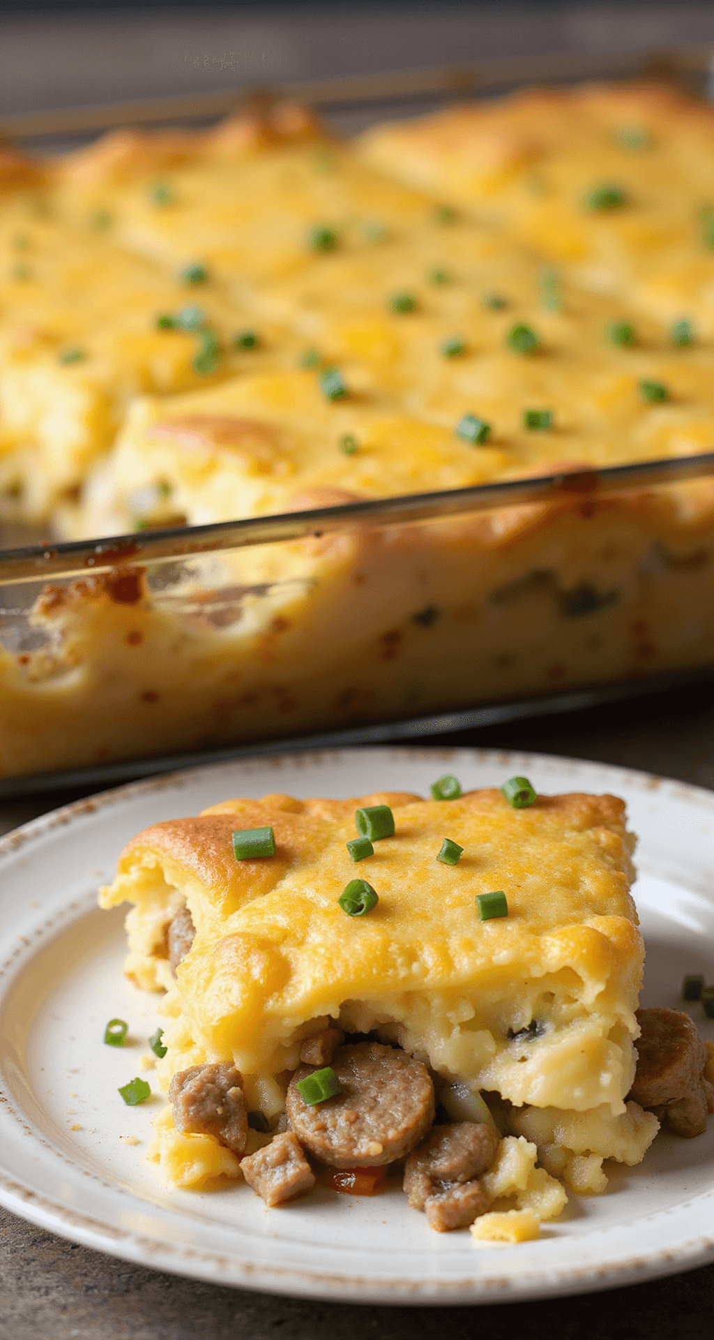 Close-up of a golden-brown breakfast casserole with melted cheese and chives, served on a rustic plate, revealing a moist interior with sausage and vegetables. Steam rises against a soft-focus kitchen background.