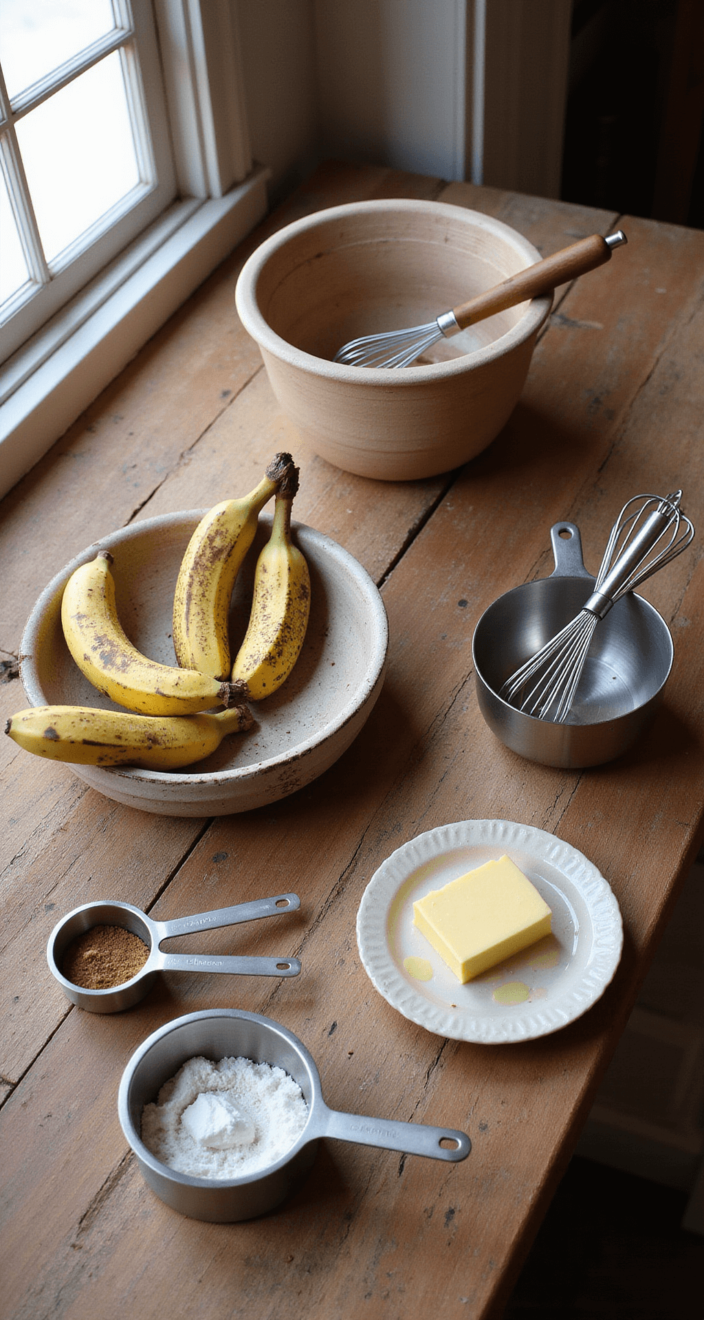 A sunlit rustic kitchen countertop featuring overripe bananas, flour-dusted measuring cups, butter, and eggs, with a wooden mixing bowl in the center and light highlighting stainless steel utensils.