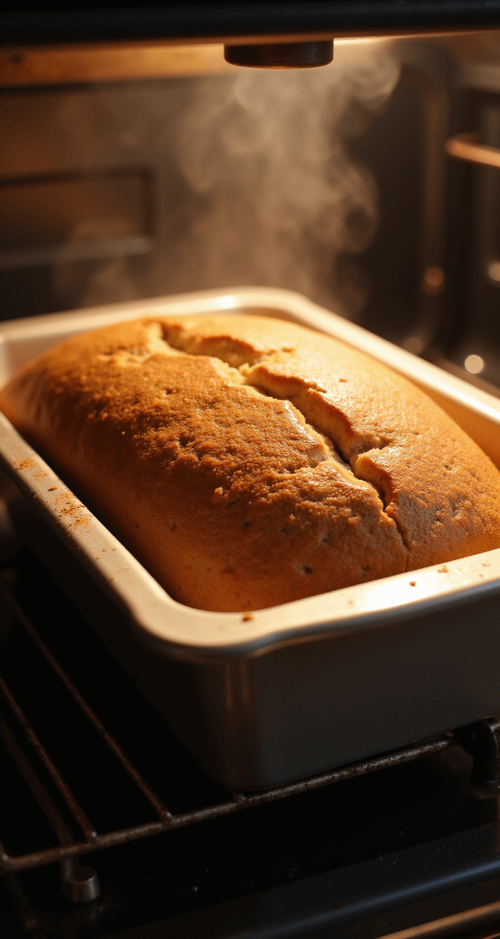 Close-up of golden-brown banana bread rising in a greased loaf pan, viewed through a slightly open vintage oven door, with steam rising and a cinnamon dusting on the top.