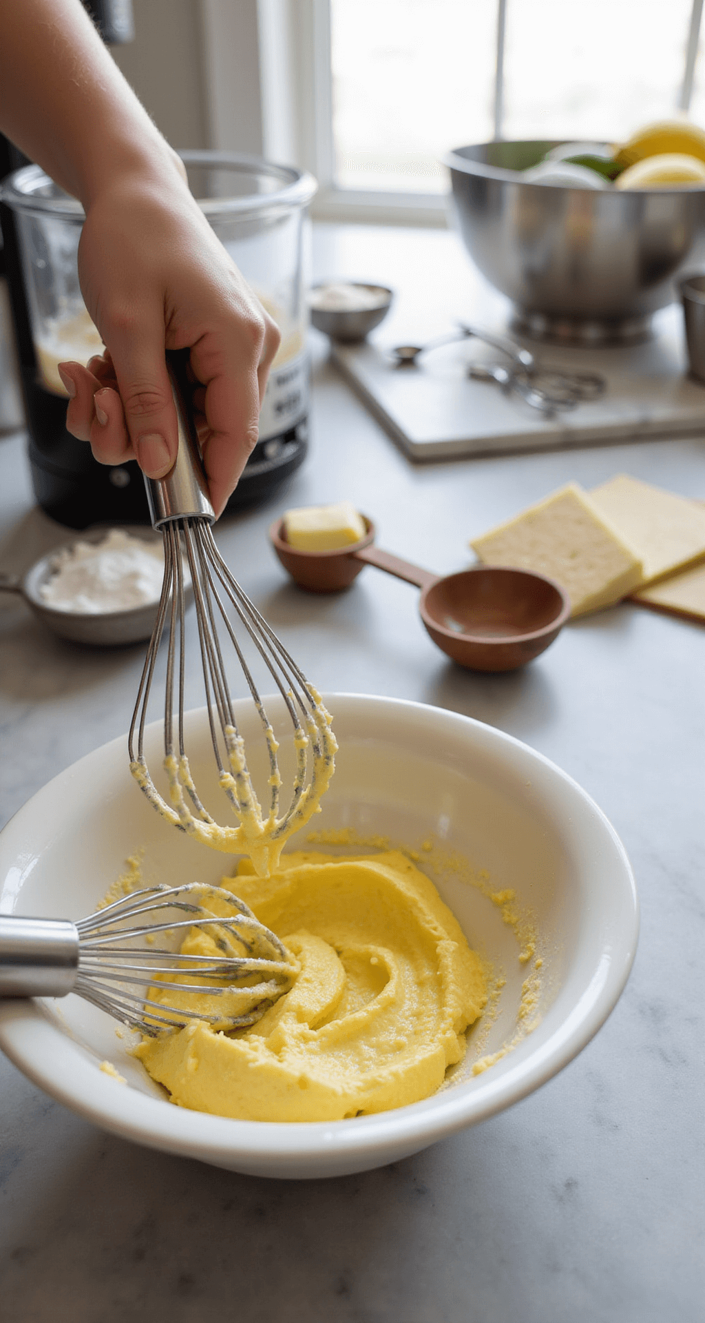 Close-up of hands creaming golden butter and sugar in a ceramic bowl with a metal hand mixer, soft natural light from a kitchen window, marble countertop with measuring tools and fresh ingredients in the background.