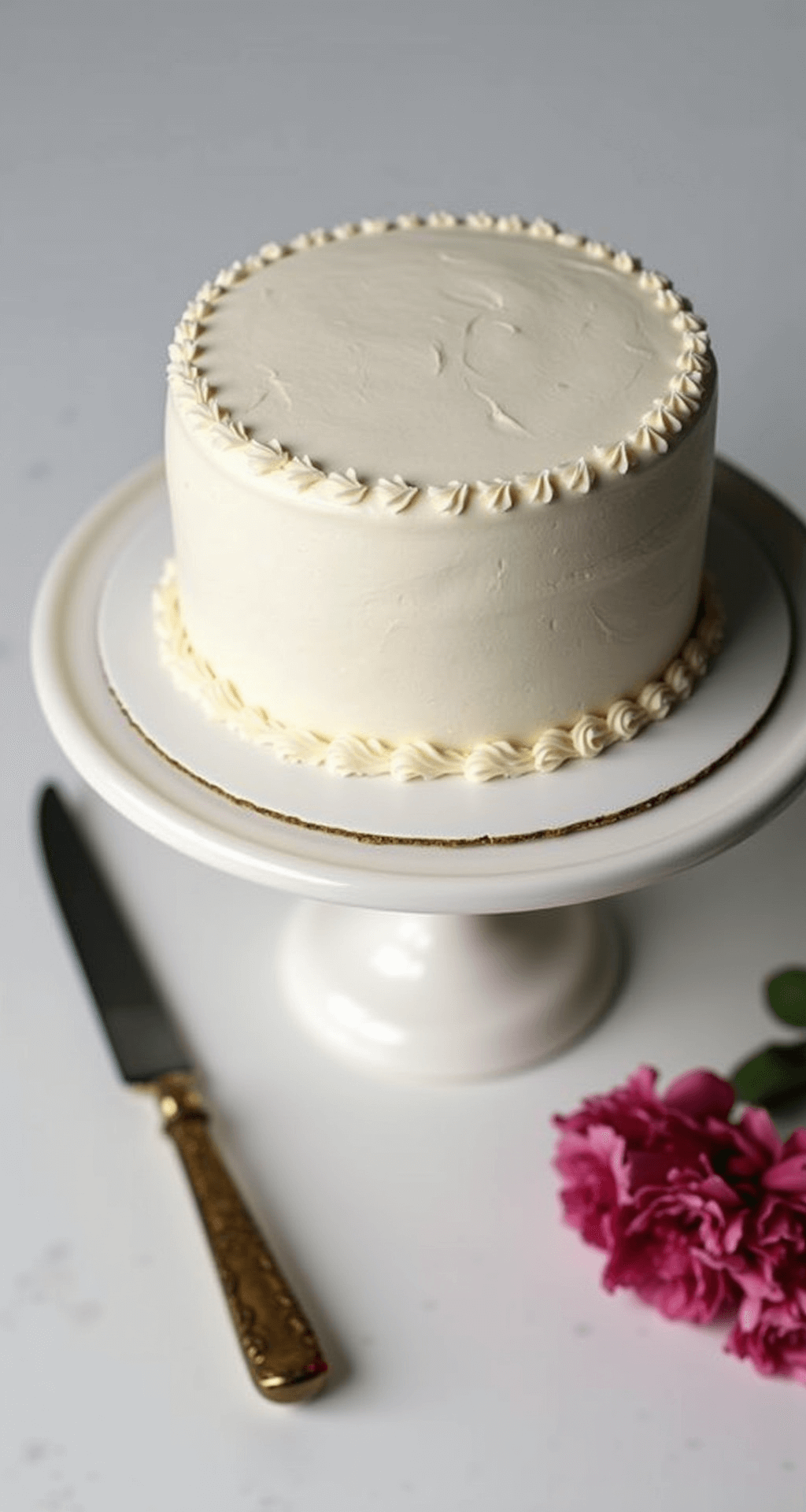 Overhead view of a decorated 4-inch bento cake on a white ceramic stand, featuring smooth buttercream frosting and elegant piping, with a vintage cake knife and fresh flowers, illuminated by soft lighting.