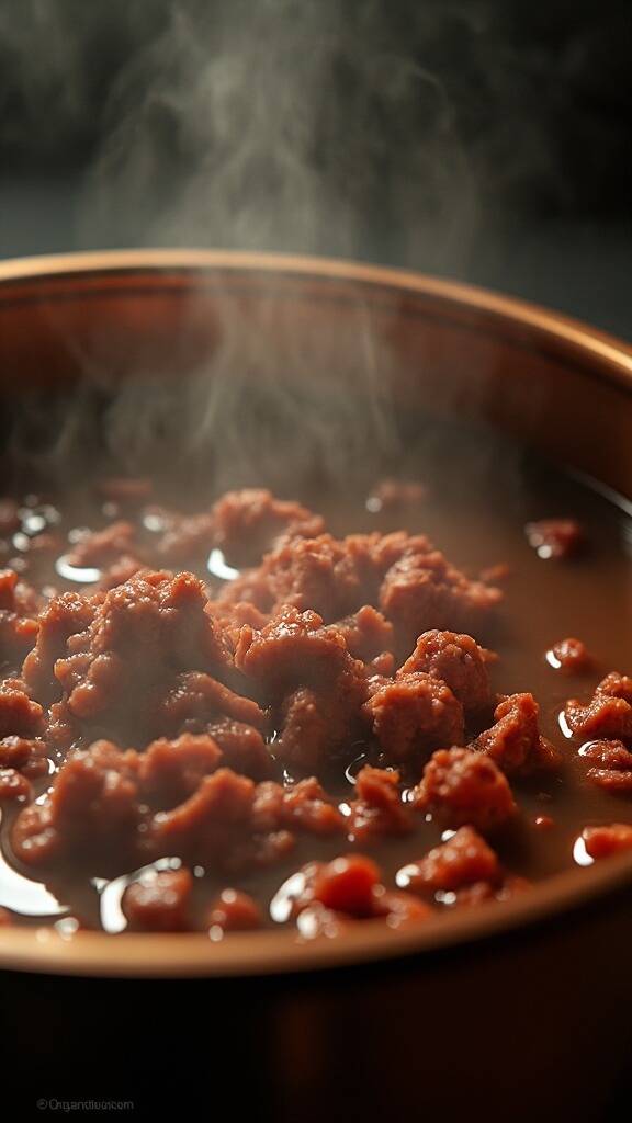 Close-up of ground beef simmering in a copper Dutch oven, with steam rising and warm light emphasizing the meat's texture, set against a dark background.