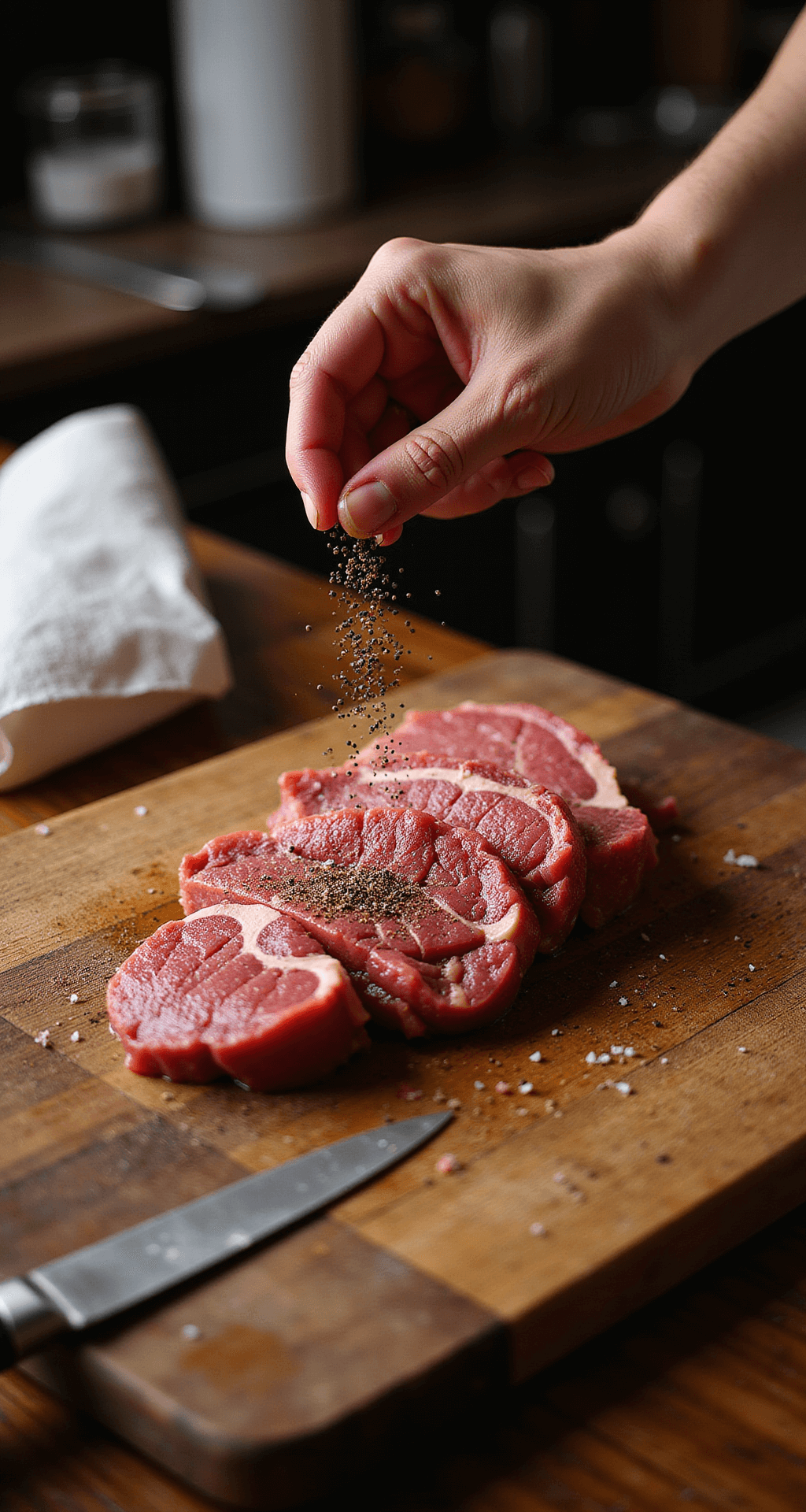A warm-lit professional kitchen featuring marbled beef sirloin strips on a rustic cutting board, with a chef's hand sprinkling black pepper and sea salt, a knife, and paper towels in the background.