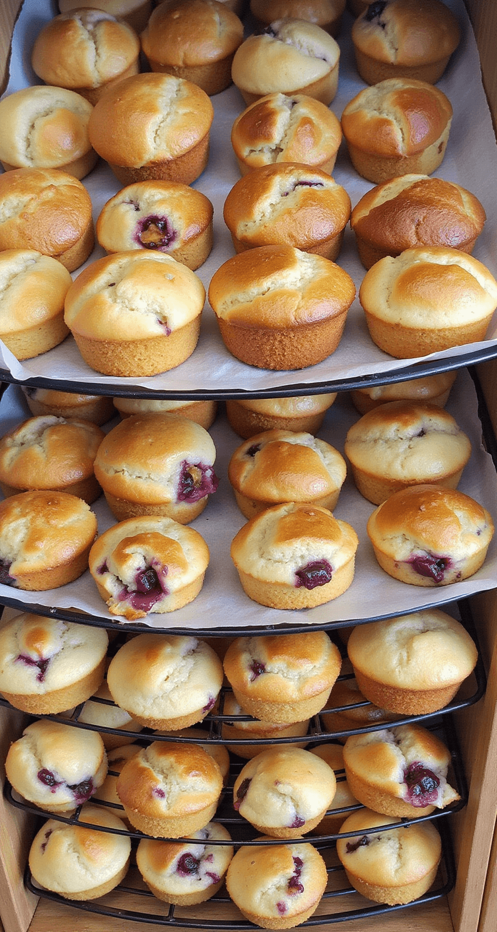 A display of freshly baked muffins on a bakery counter.
