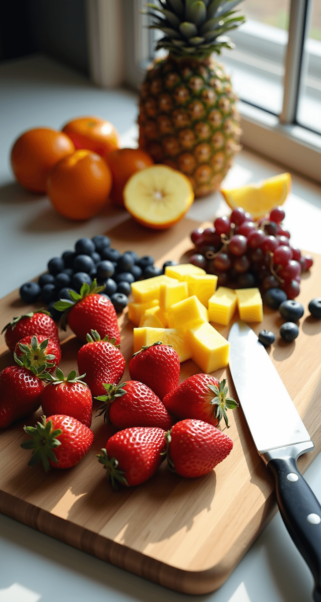 Sunlit kitchen countertop featuring vibrant, freshly washed fruits including strawberries, blueberries, purple grapes, pineapple, and mandarin oranges on a wooden cutting board, with a chef's knife nearby and natural light accentuating the fruit's freshness.