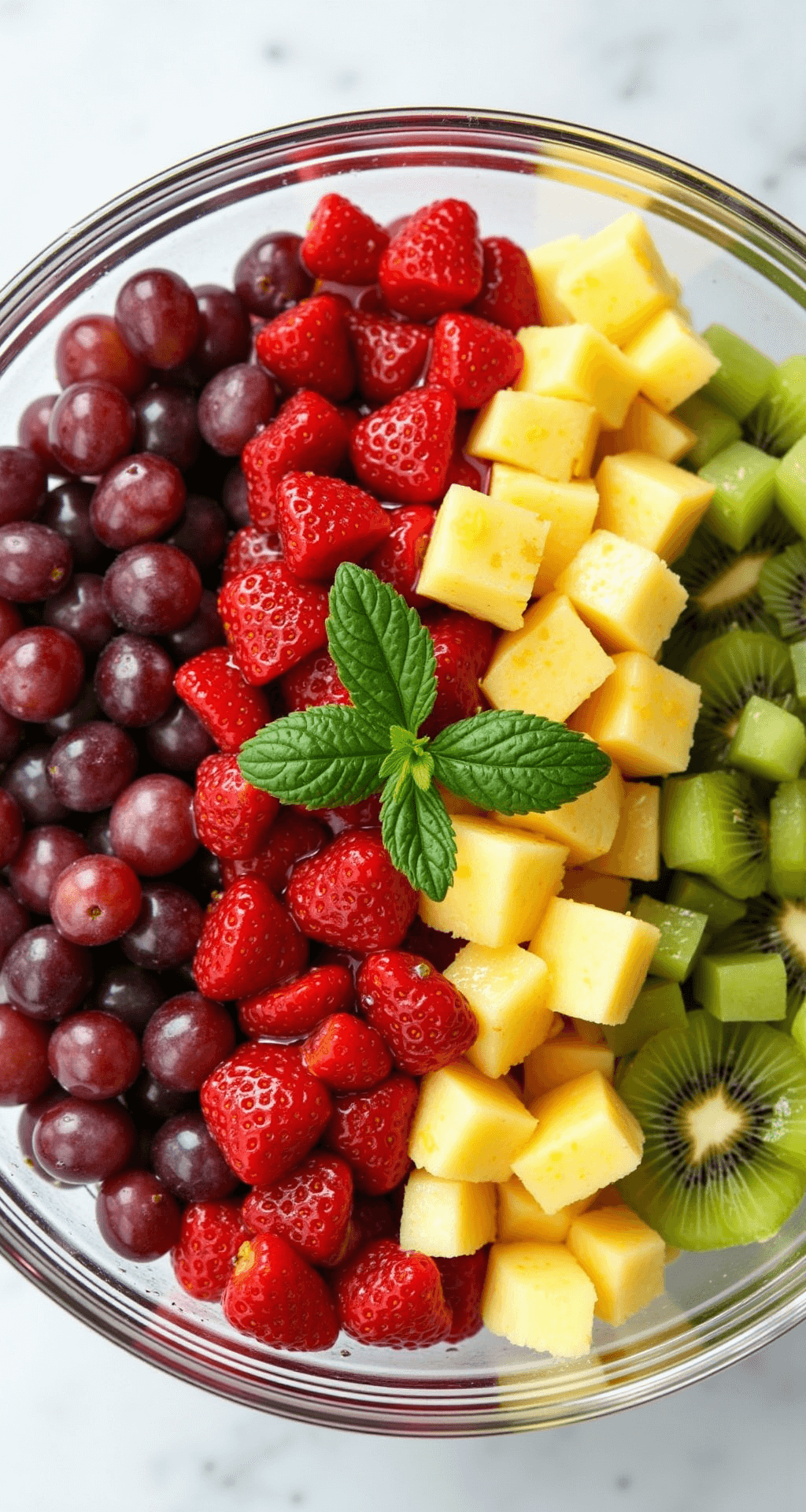 Overhead view of a crystal clear glass bowl filled with a colorful array of diced fruits, including strawberries, grapes, pineapple, and kiwi, drizzled with citrus dressing and garnished with mint leaves.