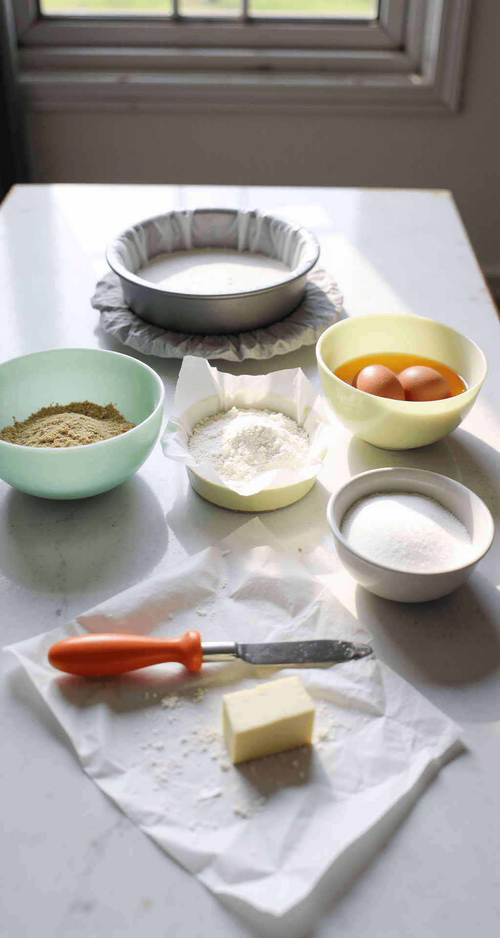 A sunlit modern kitchen countertop with neatly arranged pastel mixing bowls of flour, sugar, and eggs, a lined cake pan, and melting butter, illuminated by natural light.