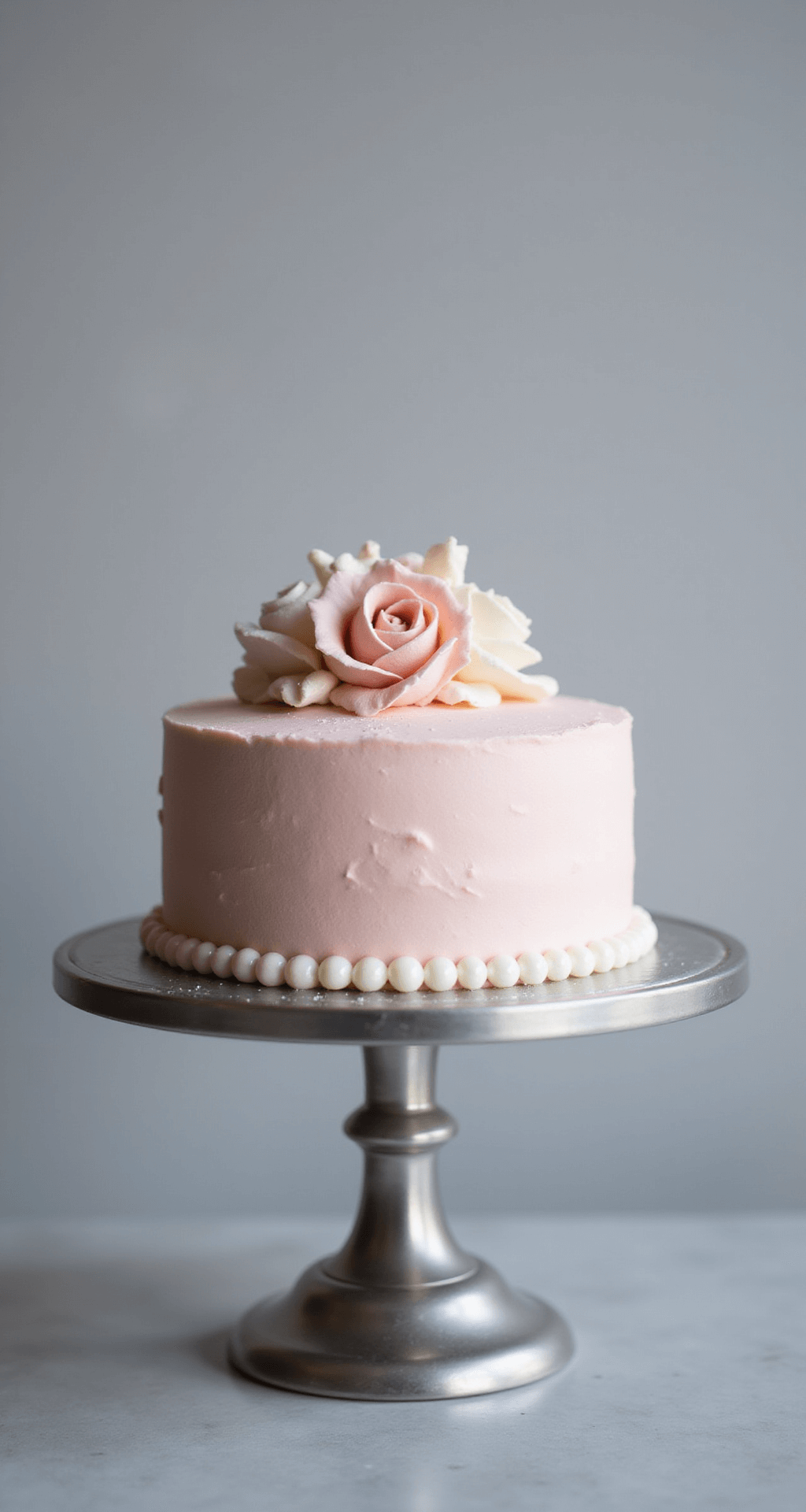 An elegant 4-inch bento cake with smooth pastel pink buttercream, adorned with white piped flowers and tiny sugar pearls, rotating on a silver turntable against a grey backdrop, captured in soft studio lighting.