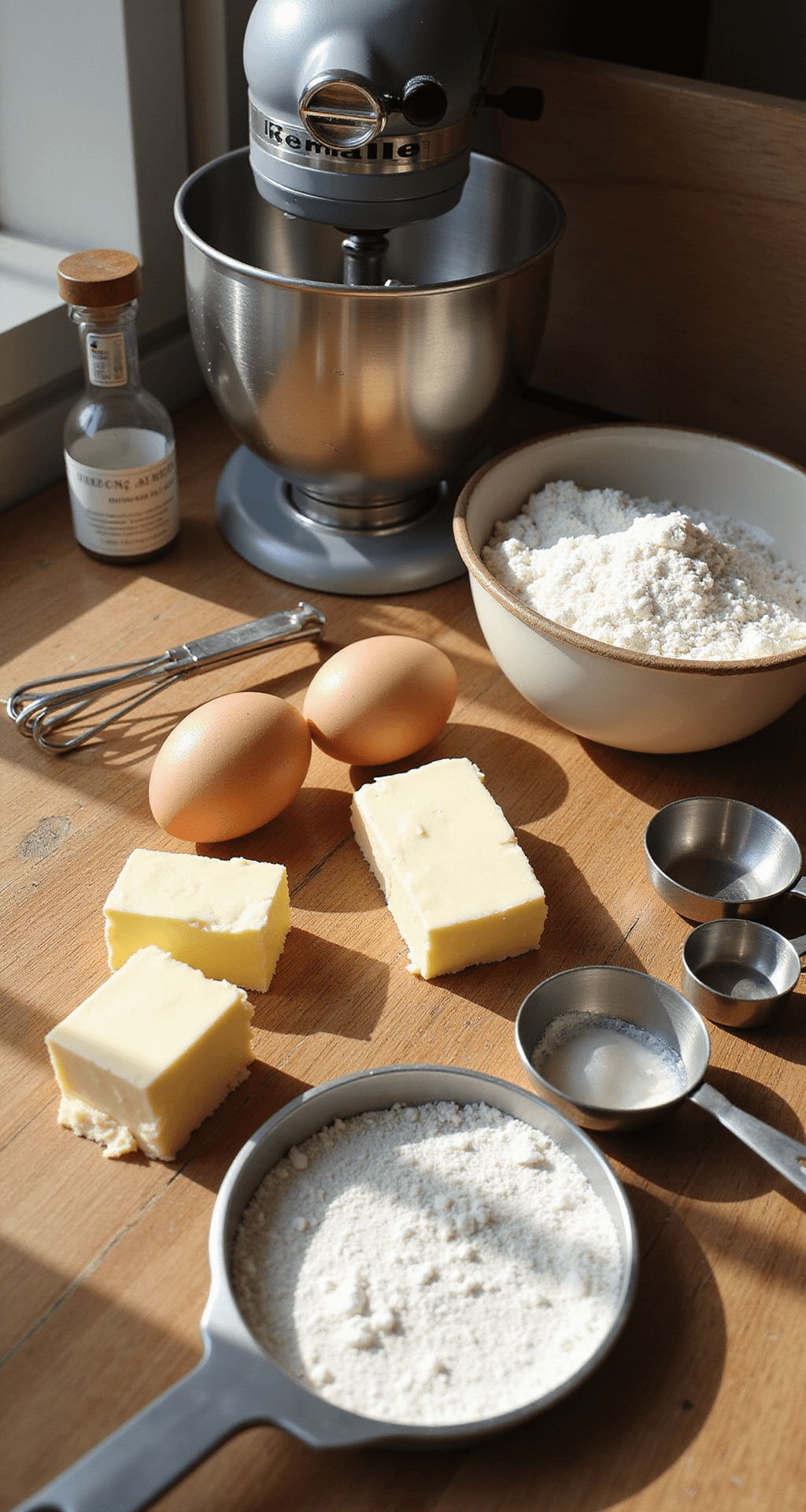 A bright kitchen workspace featuring organized baking ingredients like fresh eggs, flour, butter, and sugar, with a polished electric mixer and gleaming measuring cups beside specialized cake pans, all illuminated by warm lighting next to a handwritten recipe.
