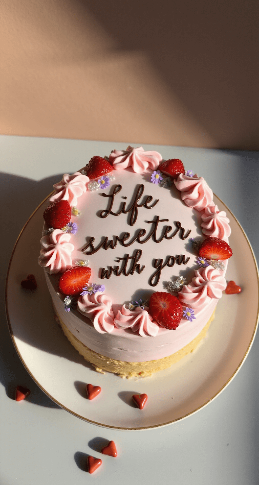A beautifully decorated miniature bento cake on a delicate ceramic plate, featuring pastel pink buttercream rosettes, fresh strawberry slices, edible flowers, and a chocolate script that reads 'Life is sweeter with you', all set against a soft-focus backdrop with warm golden afternoon light.