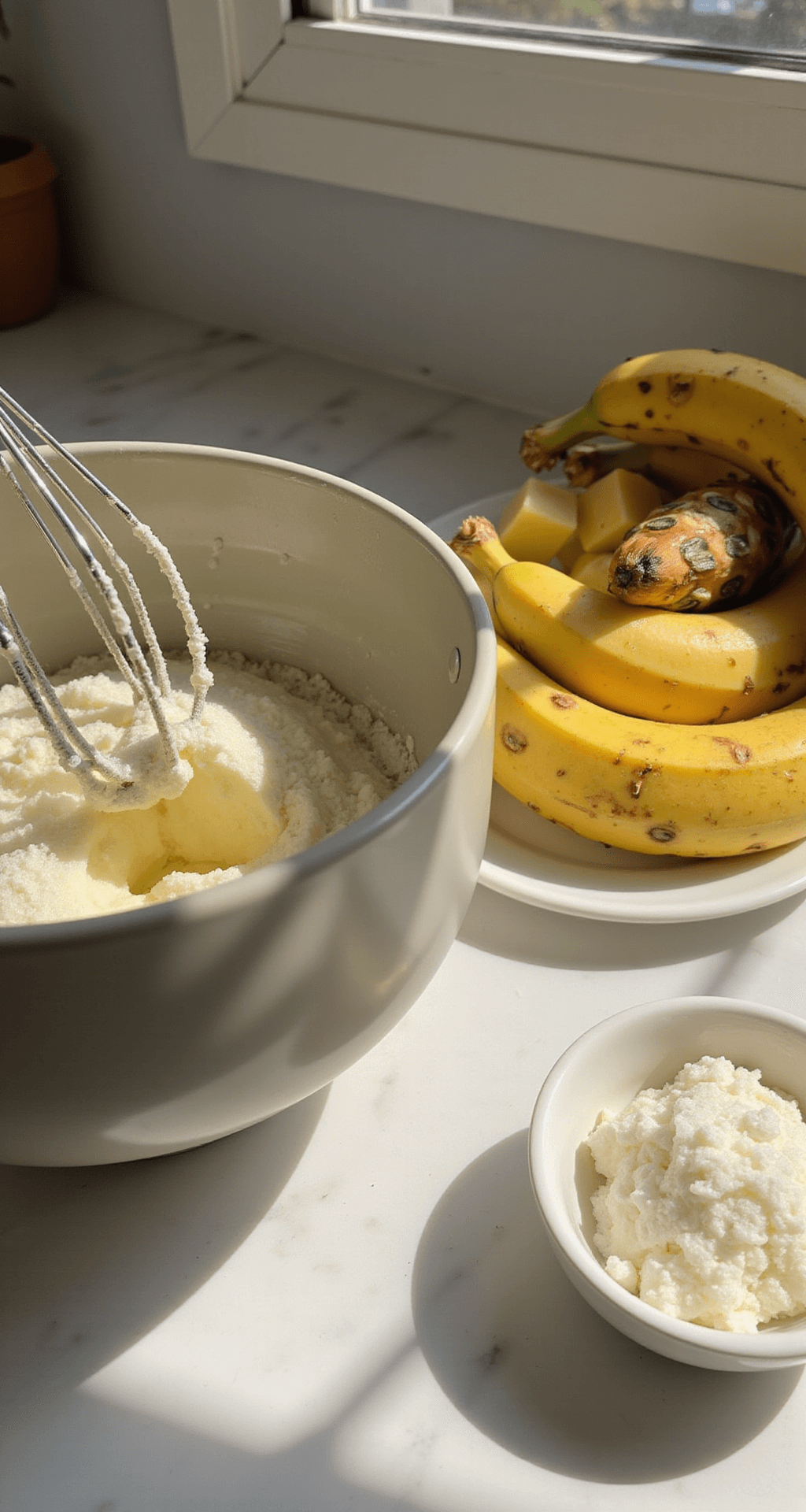 Close-up of a mixing bowl with creamy butter and sugar being whipped to a fluffy consistency, surrounded by ripe bananas, fresh pineapple chunks, and coconut shreds, illuminated by soft morning light in a warm kitchen.