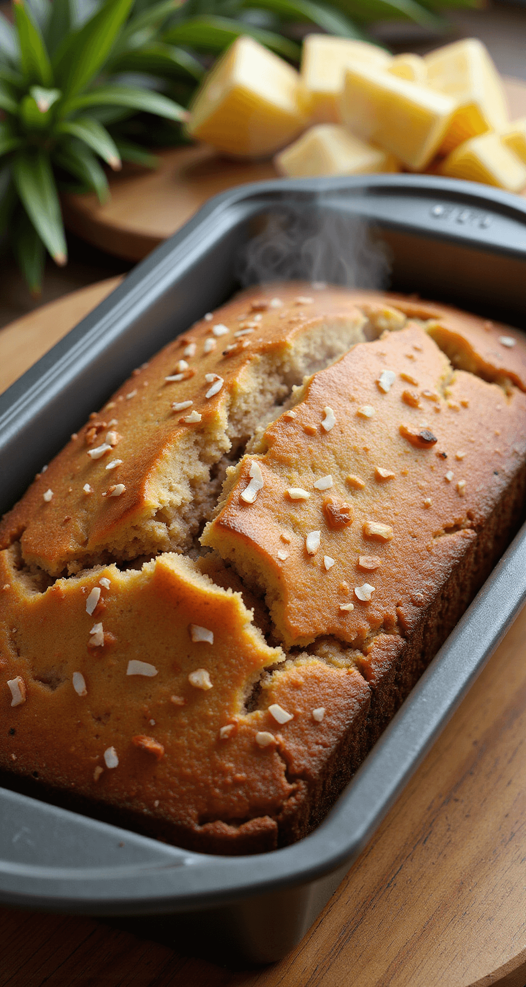 Golden-brown Hawaiian banana bread in a greased loaf pan, topped with toasted coconut flakes and steaming, with tropical elements like palm leaves and fresh pineapple in the background.