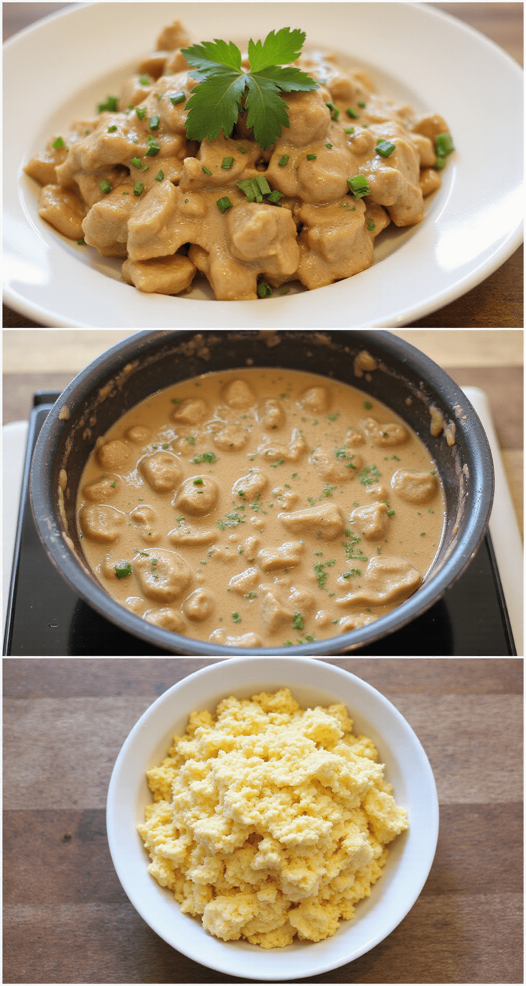 A close-up of a pan filled with creamy stroganoff sauce, showcasing tender strips of beef and mushrooms simmering in a rich, flavorful brown gravy, garnished with fresh parsley.