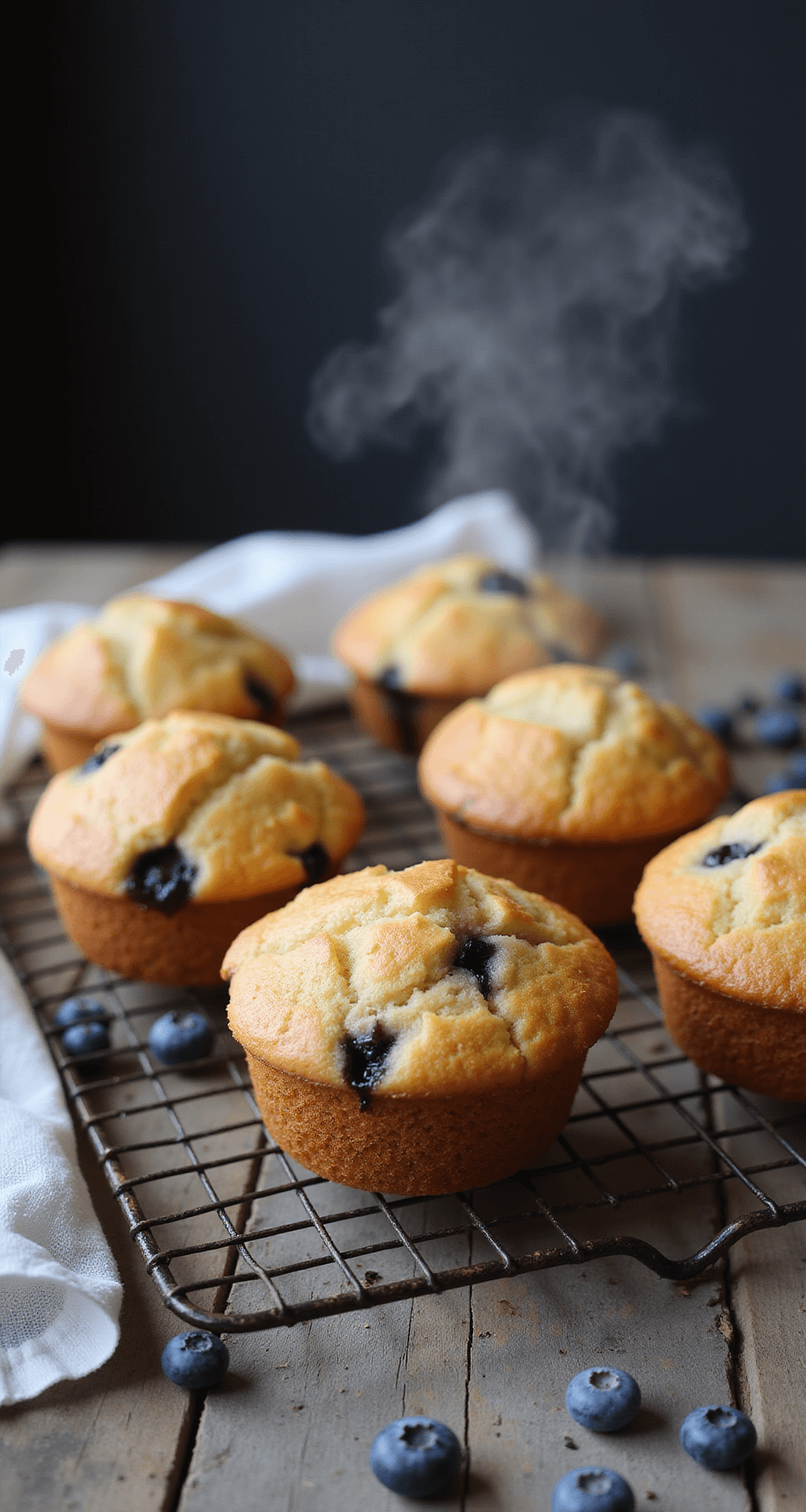 Golden muffins with steam rising, cooling on a rustic wire rack, surrounded by fresh blueberries and a vintage tea towel.