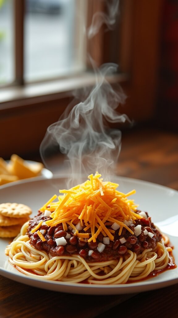 Overhead view of a plate with Cincinnati chili 5-way, showcasing spaghetti, meat sauce, cheddar cheese, onions, and kidney beans, garnished with oyster crackers.