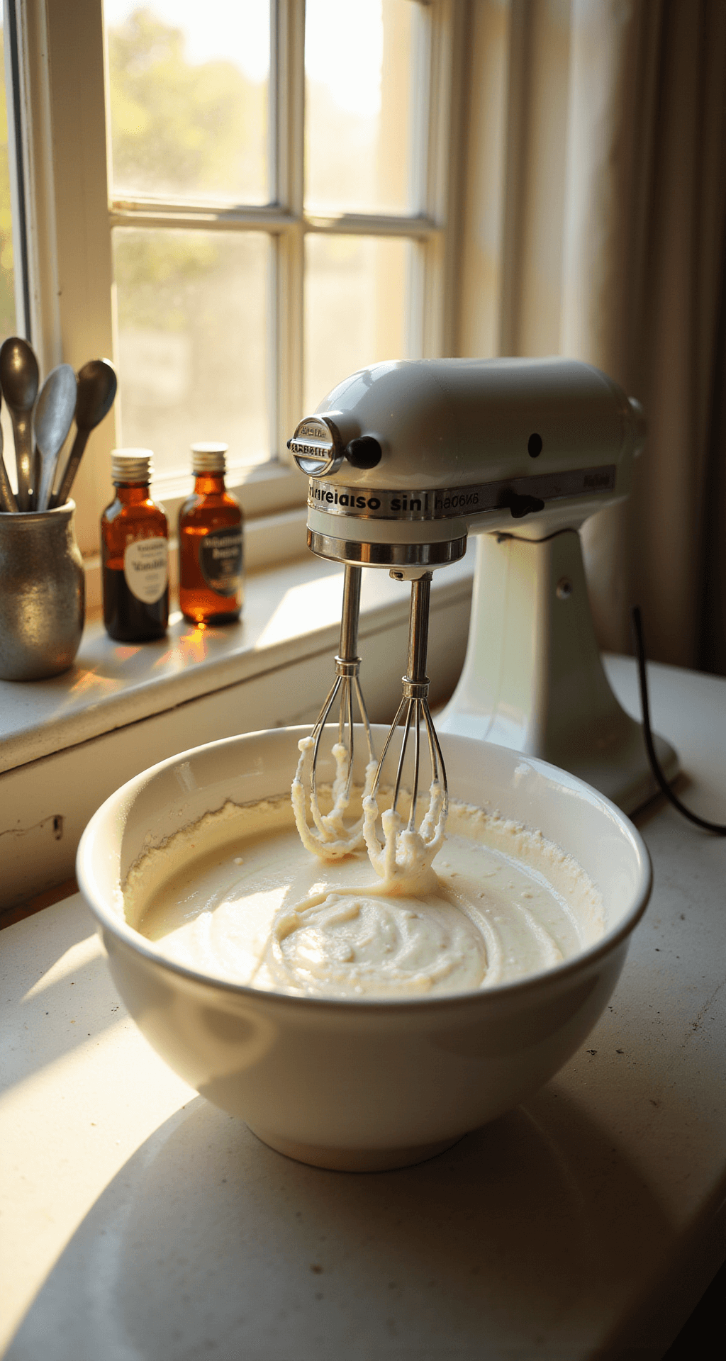 Close-up of cream cheese being whipped in a white ceramic bowl, with a vintage electric mixer nearby, measuring spoons, and vanilla extract bottles blurred in the background, illuminated by golden afternoon light.