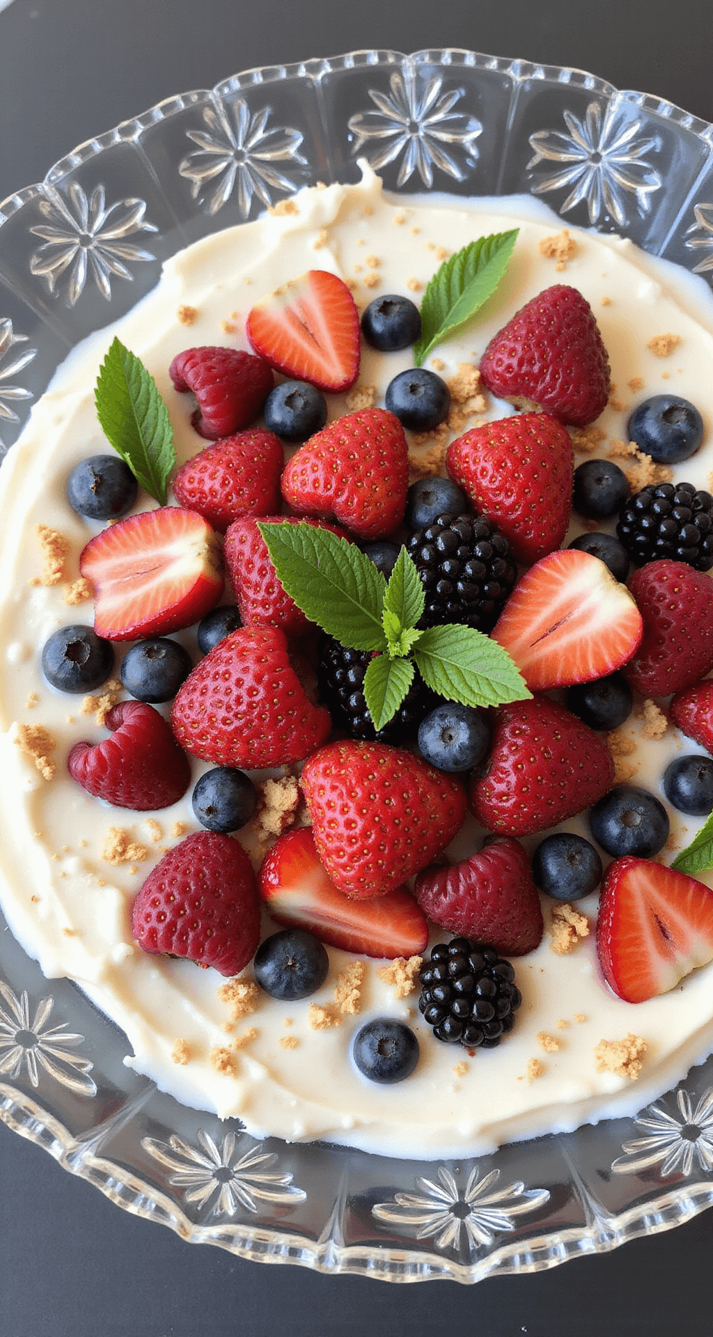 Overhead view of a crystal bowl filled with colorful fresh fruits, including strawberries, blueberries, and raspberries, mixed with a creamy cheesecake layer, topped with graham cracker crumbs and fresh mint leaves, set in soft natural lighting.