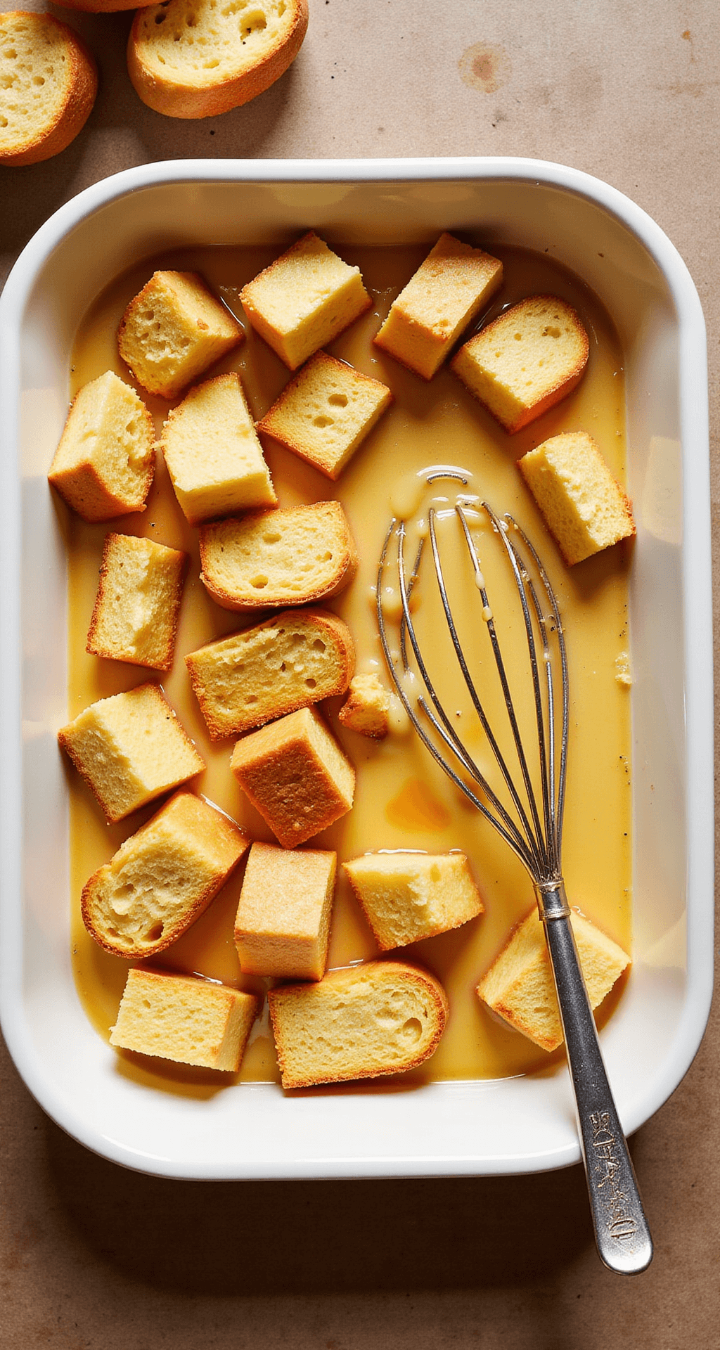 Overhead view of brioche bread cubes being pressed into a amber custard mixture in a butter-glazed ceramic baking dish, with a whisk nearby.