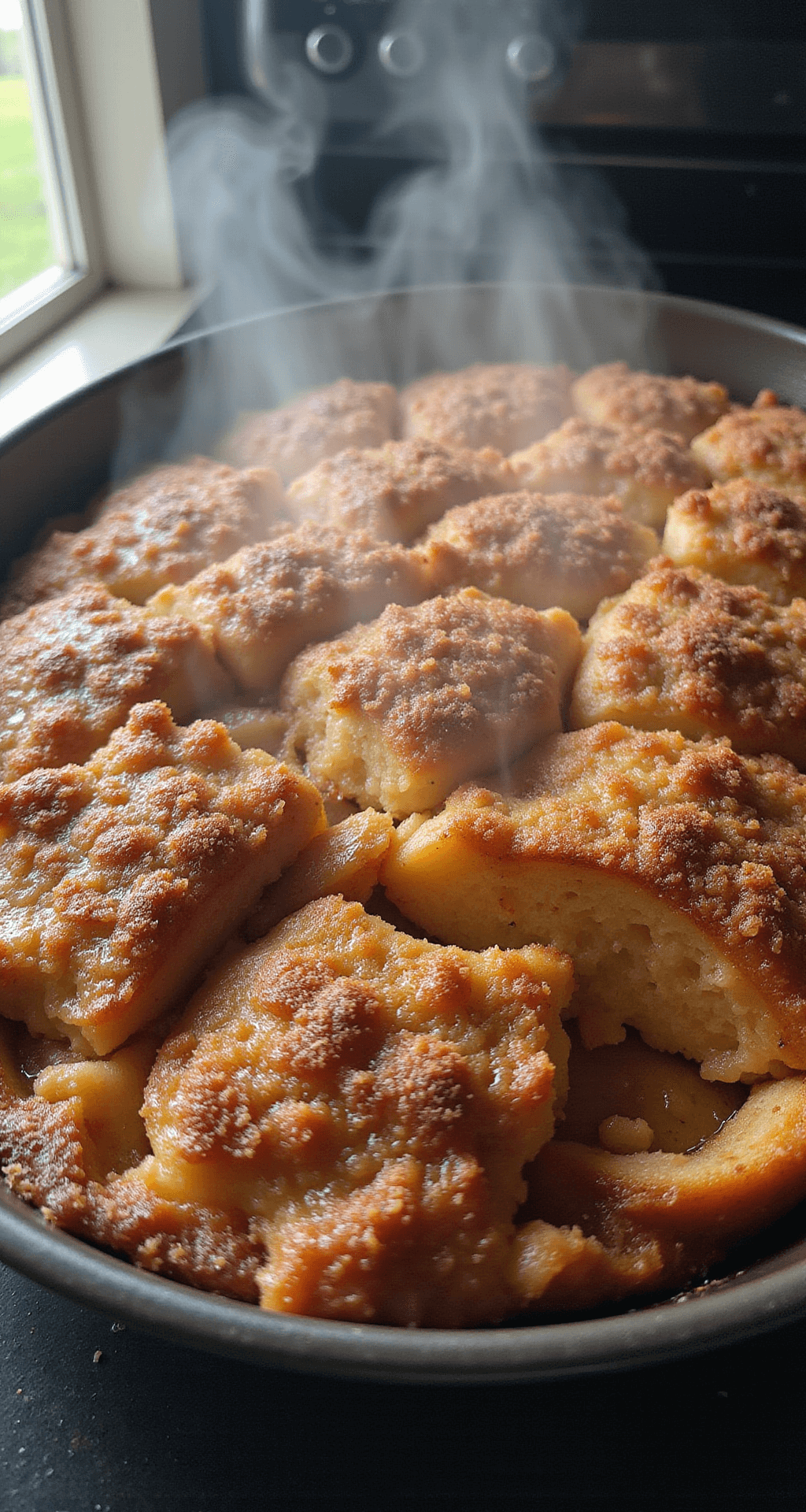 A freshly baked French toast casserole, steaming and golden brown with a caramelized streusel topping, reveals layers of custard-soaked bread beneath, illuminated by natural morning light.