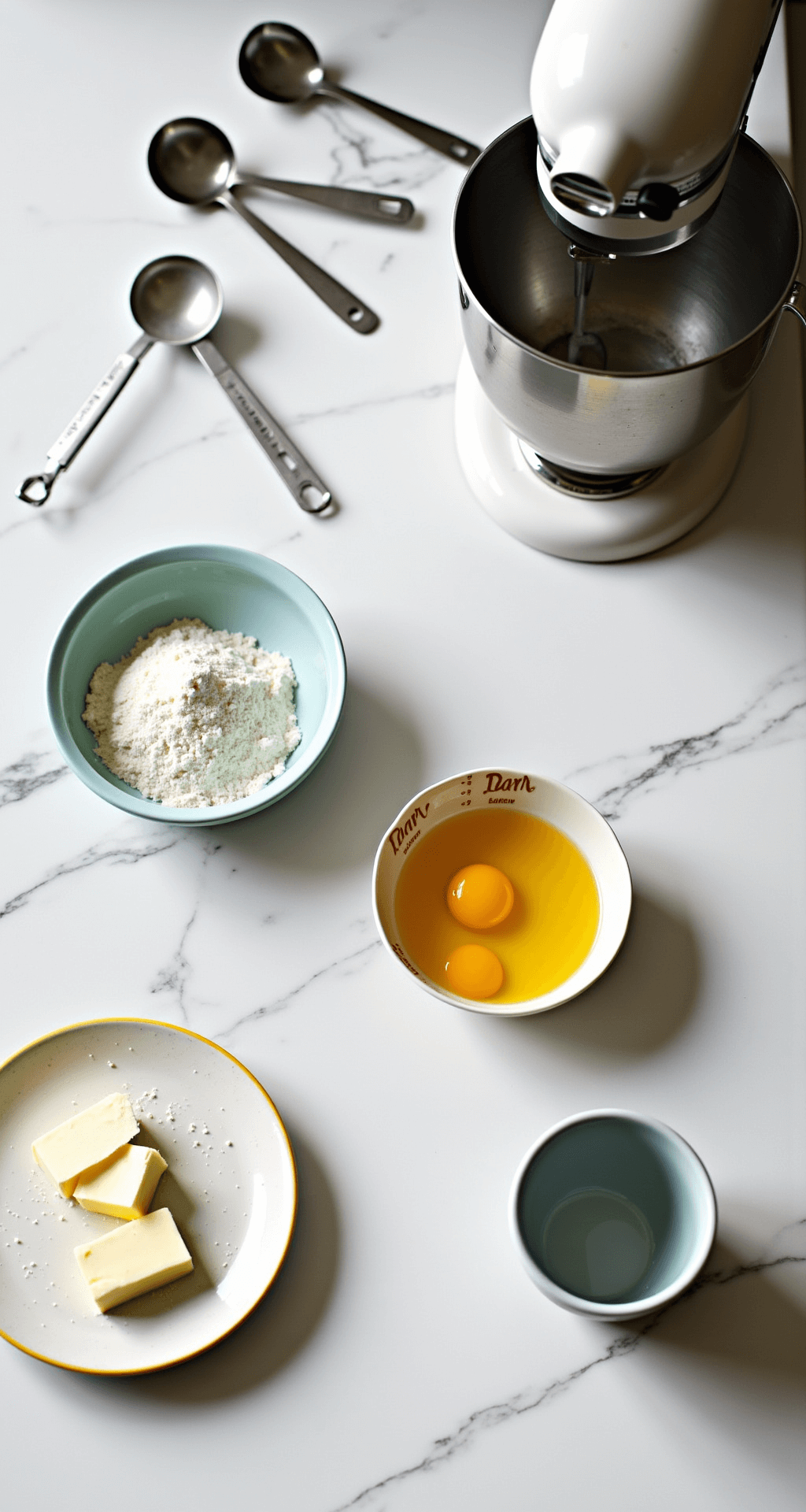 A high-angle shot of a pristine white marble countertop featuring neatly arranged baking ingredients, including room temperature butter, fresh eggs, measured flour in a vintage ceramic bowl, and a pastel mixing bowl, illuminated by natural morning light with soft shadows. A professional stand mixer and scattered measuring spoons and spatulas complete the scene.