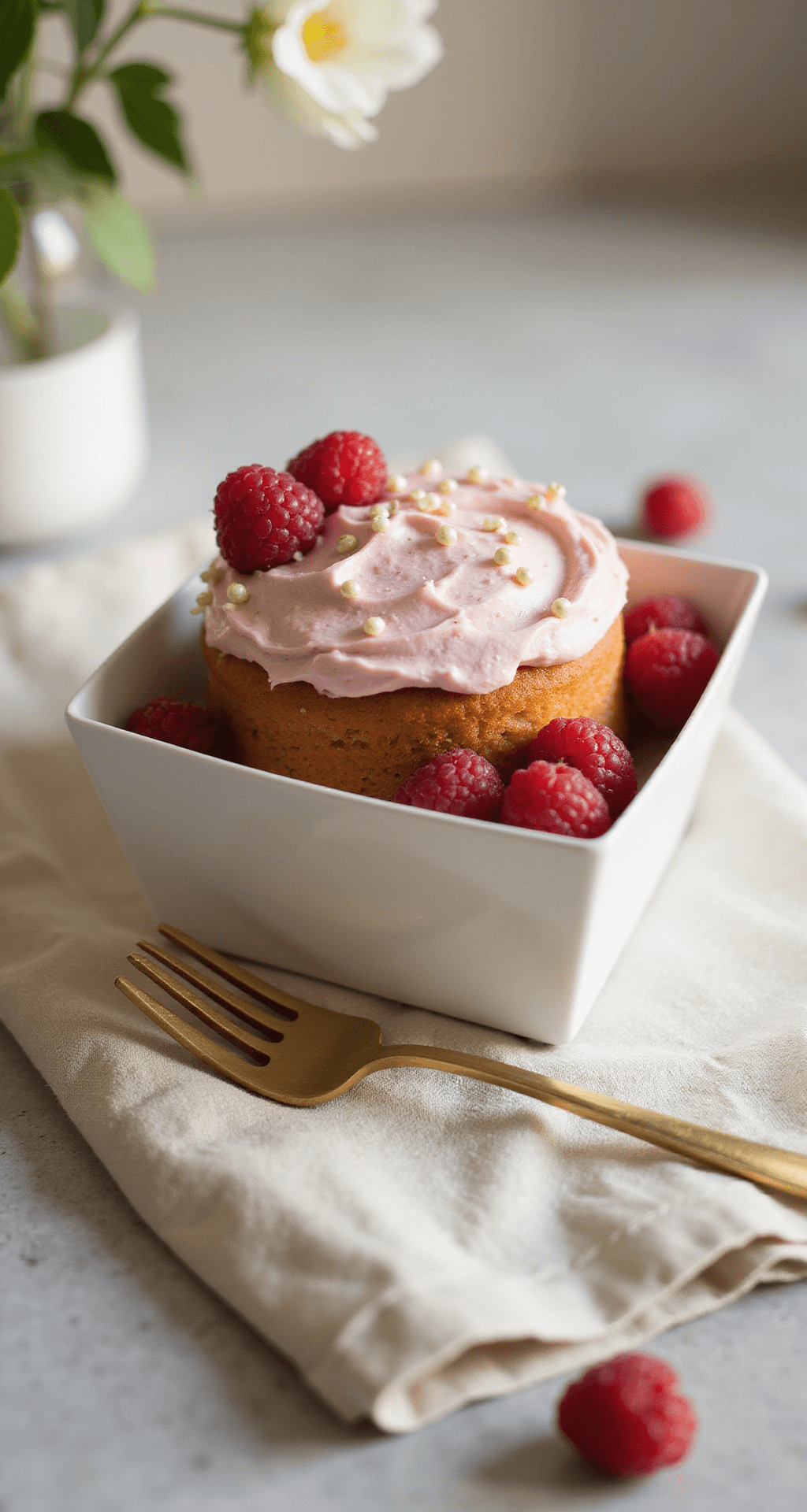 Close-up of a mini bento box cake with smooth pastel pink buttercream, decorated with pearlescent sprinkles and fresh raspberries, set in a minimal white container with a vintage fork on a linen napkin.