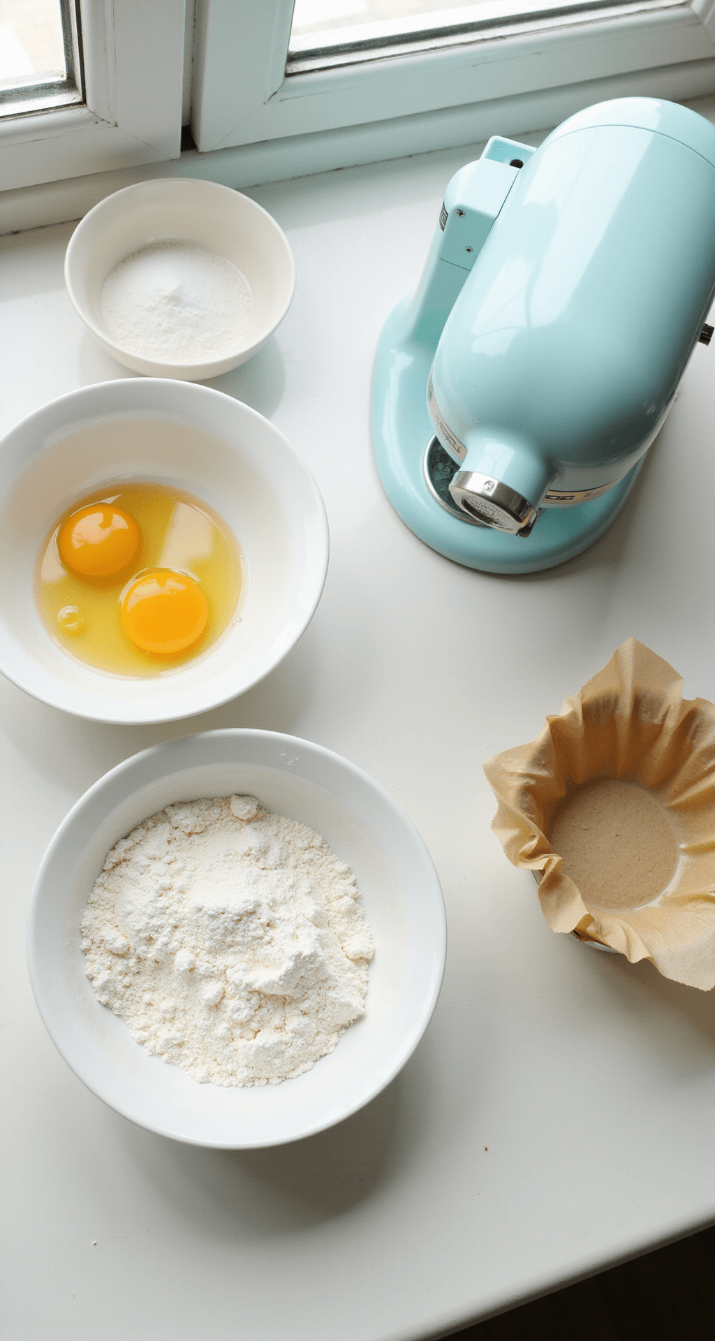 Overhead view of a minimalist kitchen work area displaying neatly arranged baking ingredients, including measuring bowls of flour, room temperature eggs, and sugar. Sunlight illuminates white mixing bowls, a pastel blue electric mixer, and 4-inch round cake pans with parchment paper.