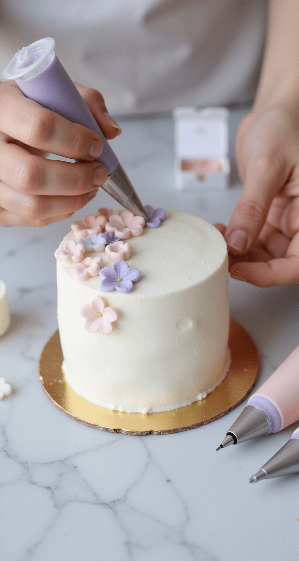 Close-up of hands piping floral designs onto a small, frosted bento cake with pearl-white buttercream and pastel accents, surrounded by piping tools on a marble counter, with soft lighting highlighting its details.