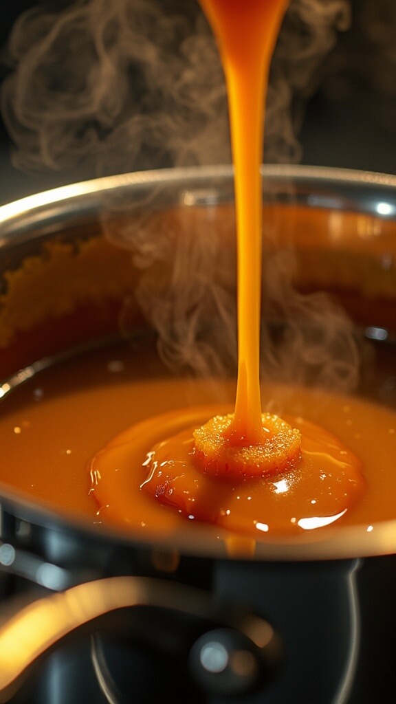 Close-up of glossy caramel bubbling in a saucepan as butter is added, highlighted by warm lighting and rising steam.