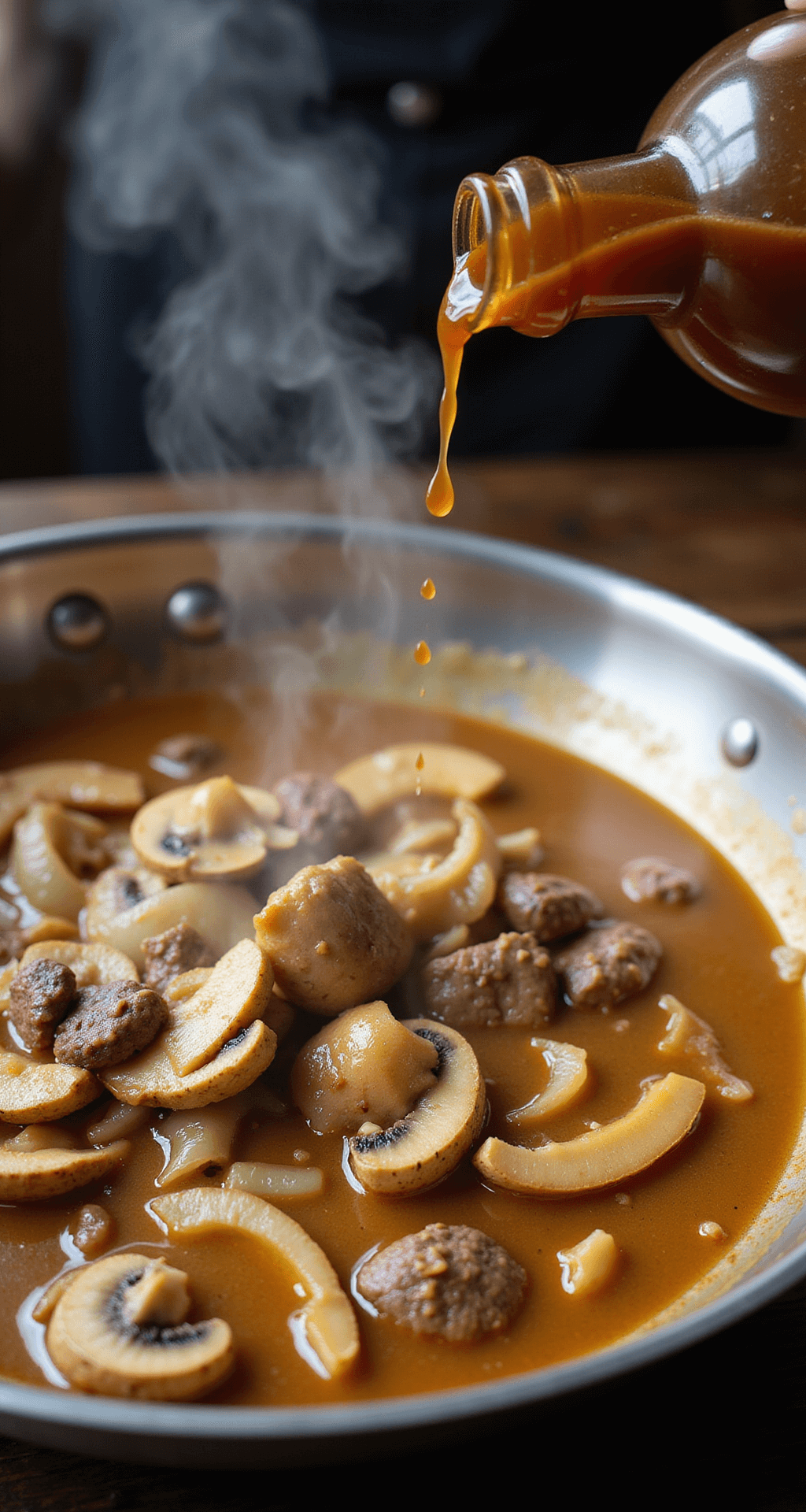 A stainless steel skillet fills with golden-brown mushrooms and translucent onions in a rich sauce, with steam rising and cream swirling into amber beef broth as Worcestershire sauce pours from a classic bottle, all illuminated by warm restaurant kitchen lighting.
