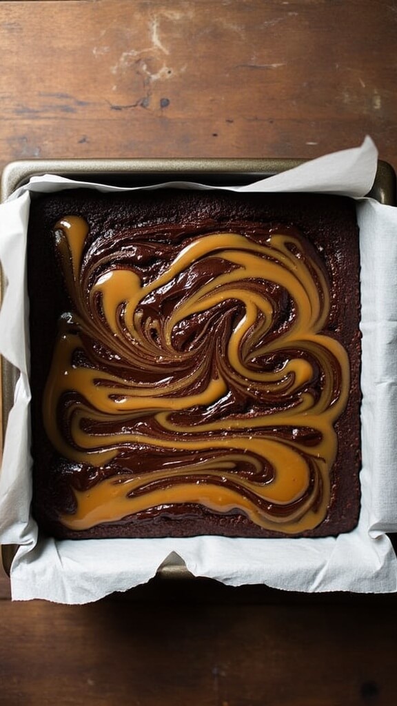 Overhead shot of brownie batter swirled with caramel in a parchment-lined pan, showcasing rich, glossy textures.