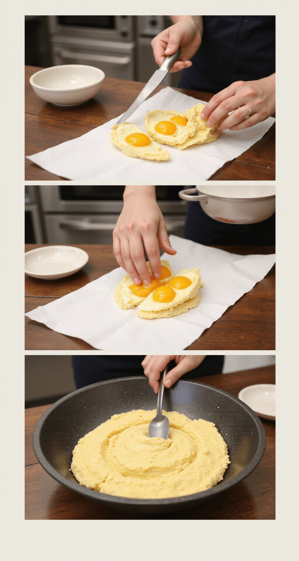 A kitchen scene displaying the preparation of Korean egg bread, featuring a skillet with batter pouring, colorful ingredients, and cooking utensils.